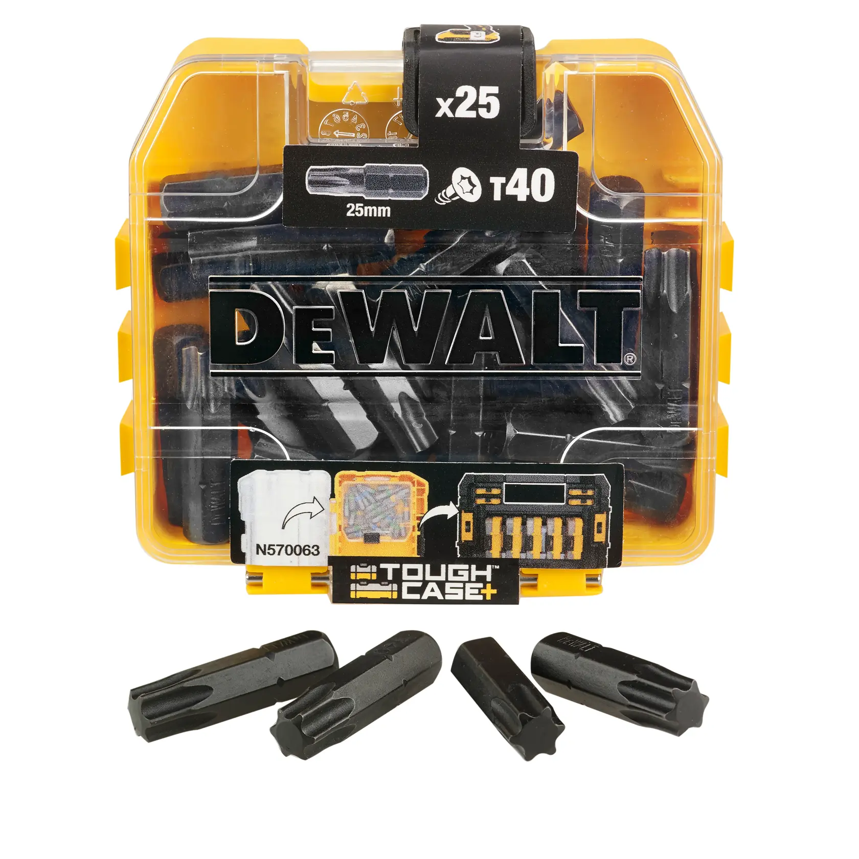 DEWALT DT70559T Box mit 25 Torx T40 Schrauberbits, 25mm, vier Bits außen gezeigt.