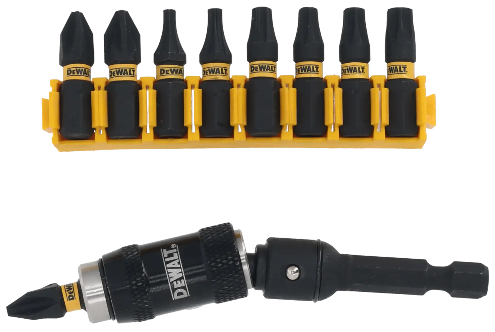 DEWALT DT70578T, DT70578T-QZ Bit-Set und Halter für Fotowerkzeuge, schwarz-gelb, auf weißem Hintergrund.