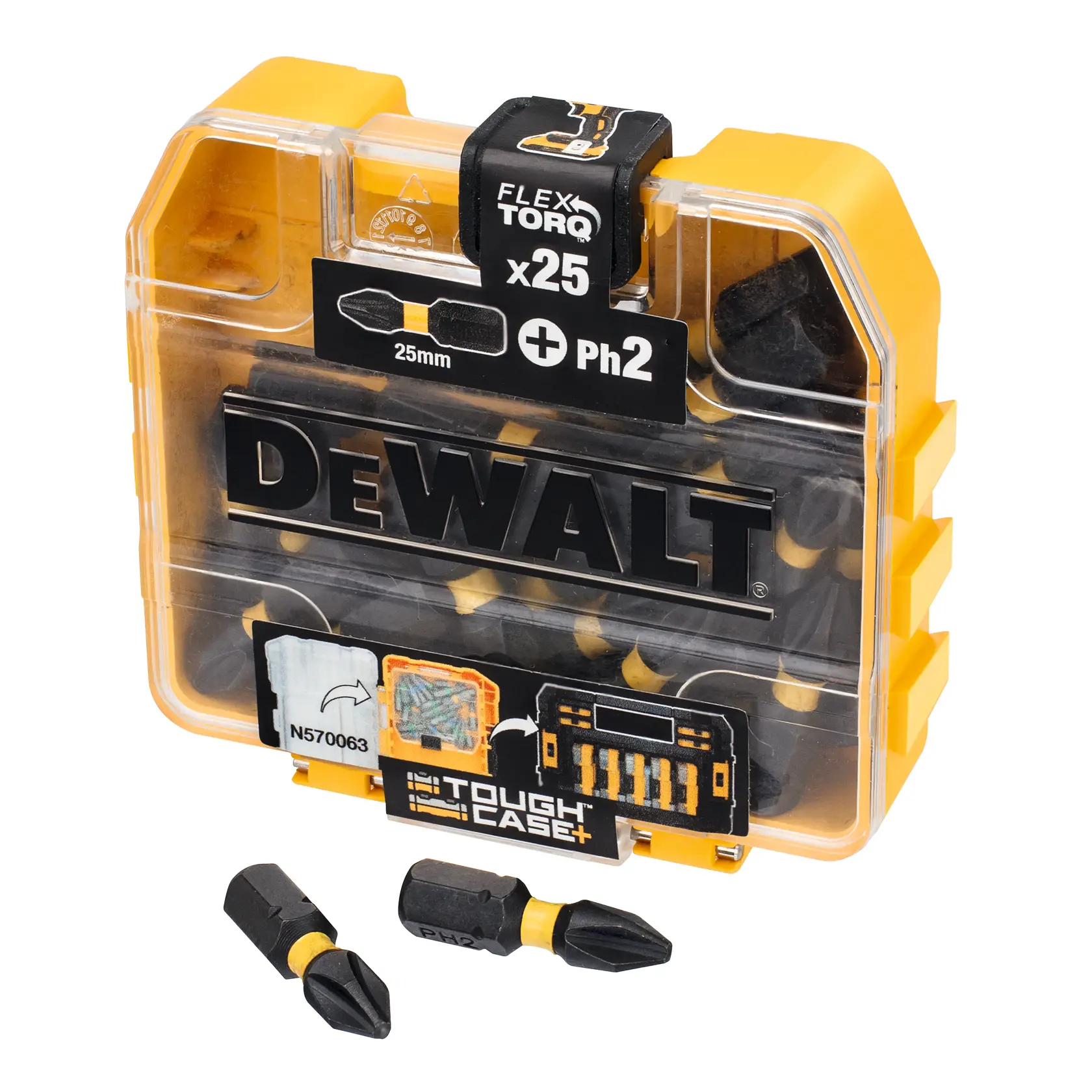 Grafik mit DEWALT XTREME Sub-Compact Series Branding und dem Slogan 'Kompakt und leistungsstark' auf gelbem Hintergrund.