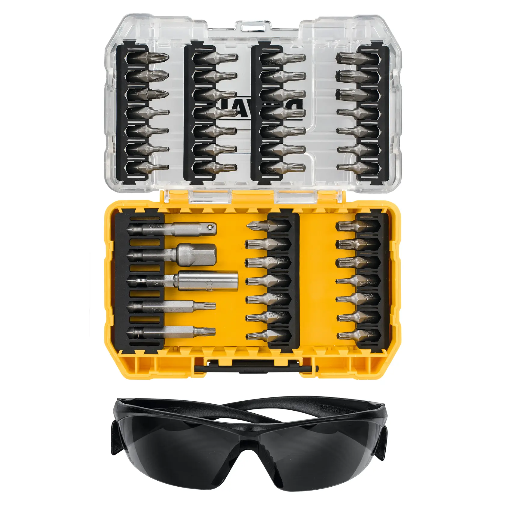 DEWALT DT70704 Set mit Schrauberbits in gelber Box und Schutzbrille darunter.