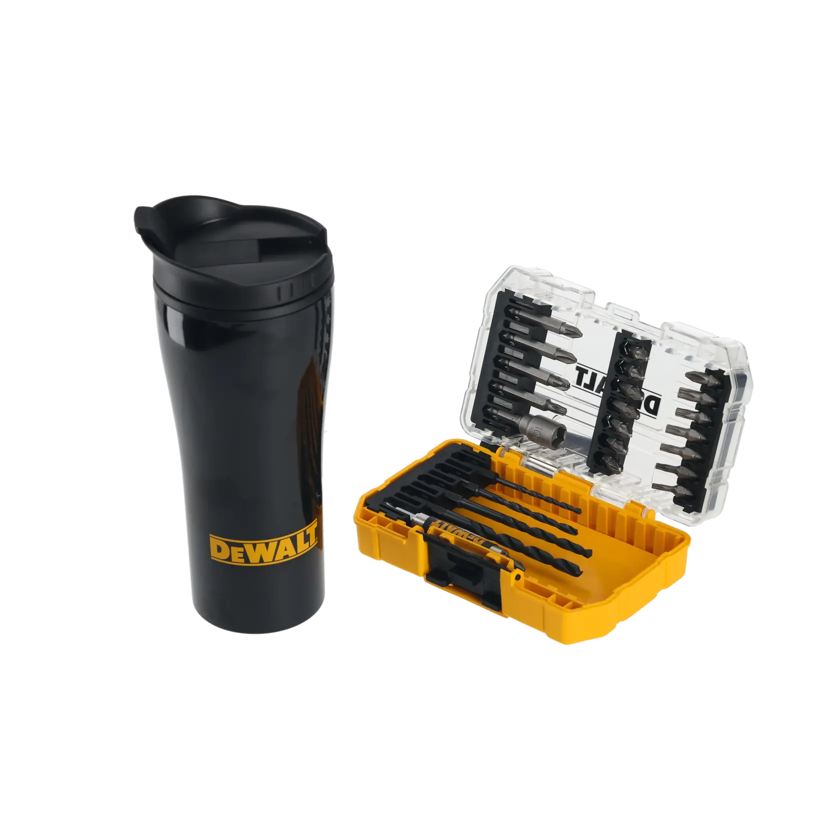 DEWALT Reisbecher und Bohrerset mit gelber Aufbewahrungsbox, Werkzeug im Kasten angeordnet.