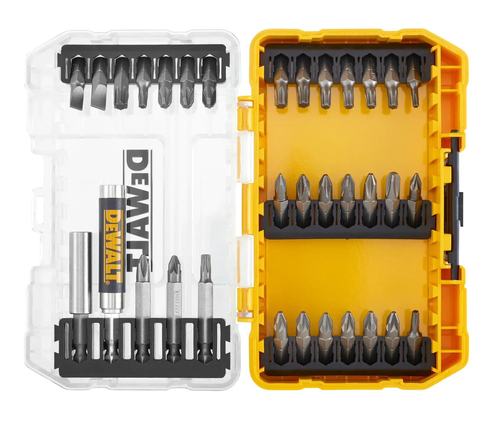 DEWALT Set mit vielen Schrauber-Bits in einer gelben und klaren Aufbewahrungsbox, ordentlich angeordnet.