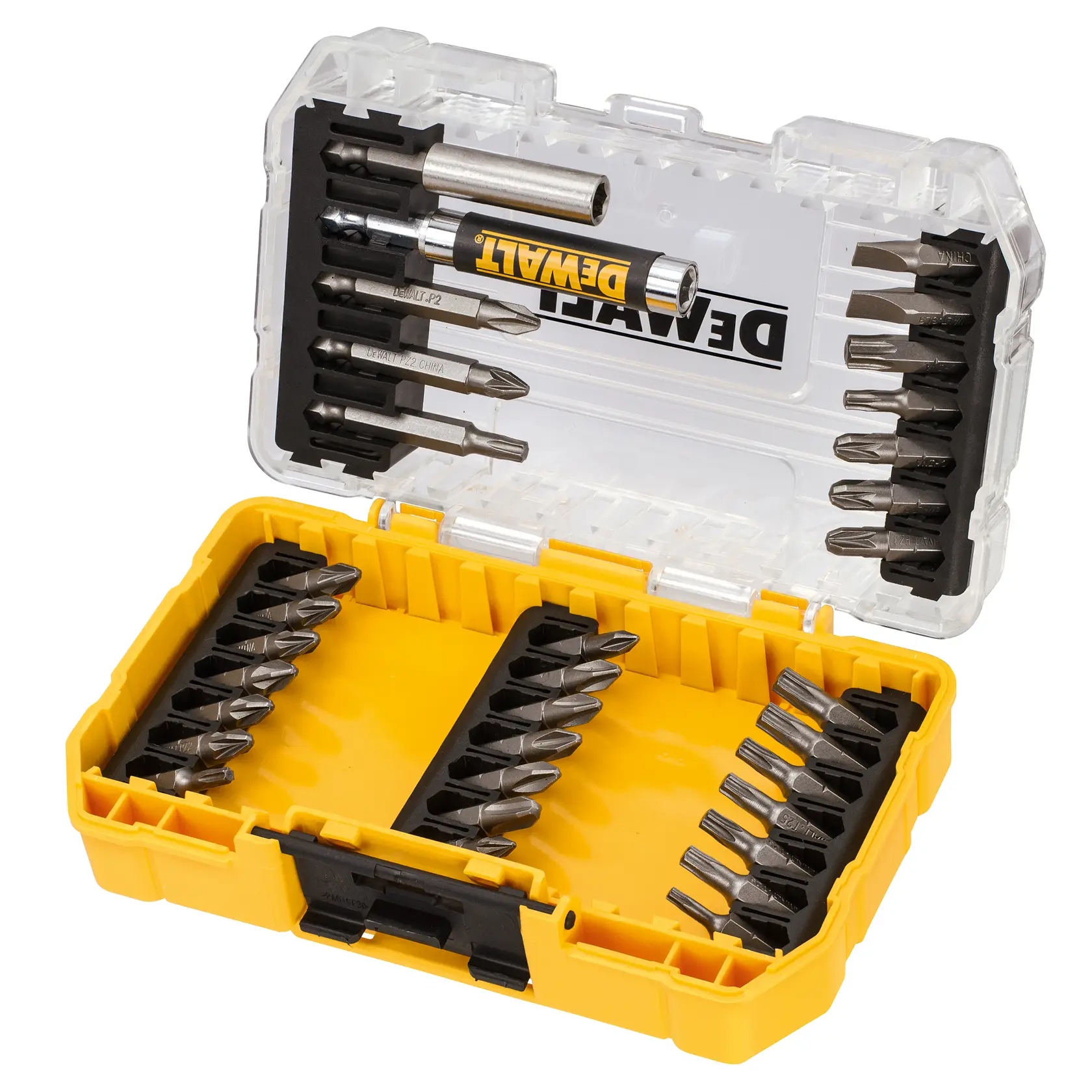 Gelbe DEWALT Bitset-Box, offen, mit verschiedenen Schrauberbits und Zubehör ordentlich angeordnet.