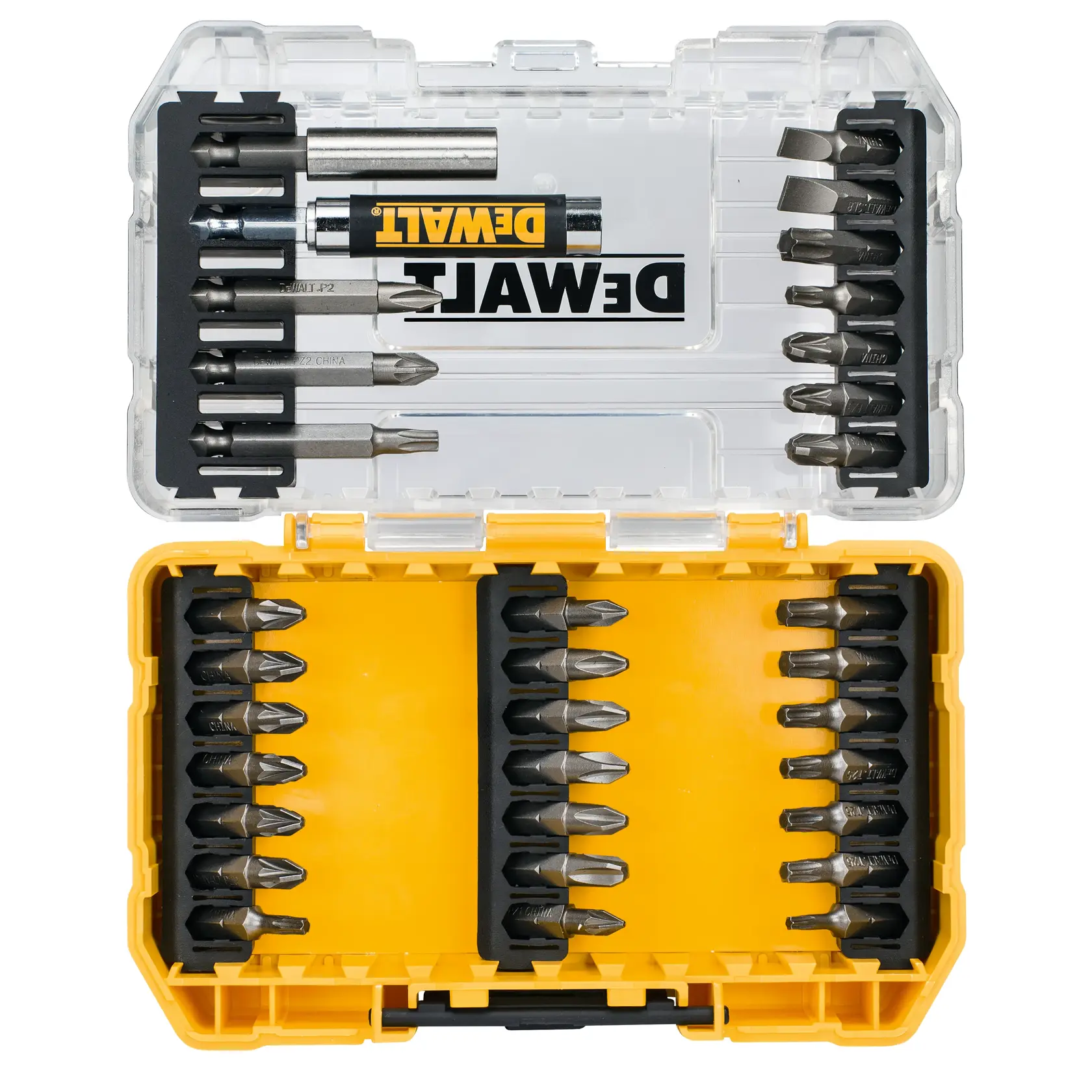 DEWALT gelbe und transparente Box mit verschiedenen Schrauberbits für Werkzeuge, ordentlich sortiert.