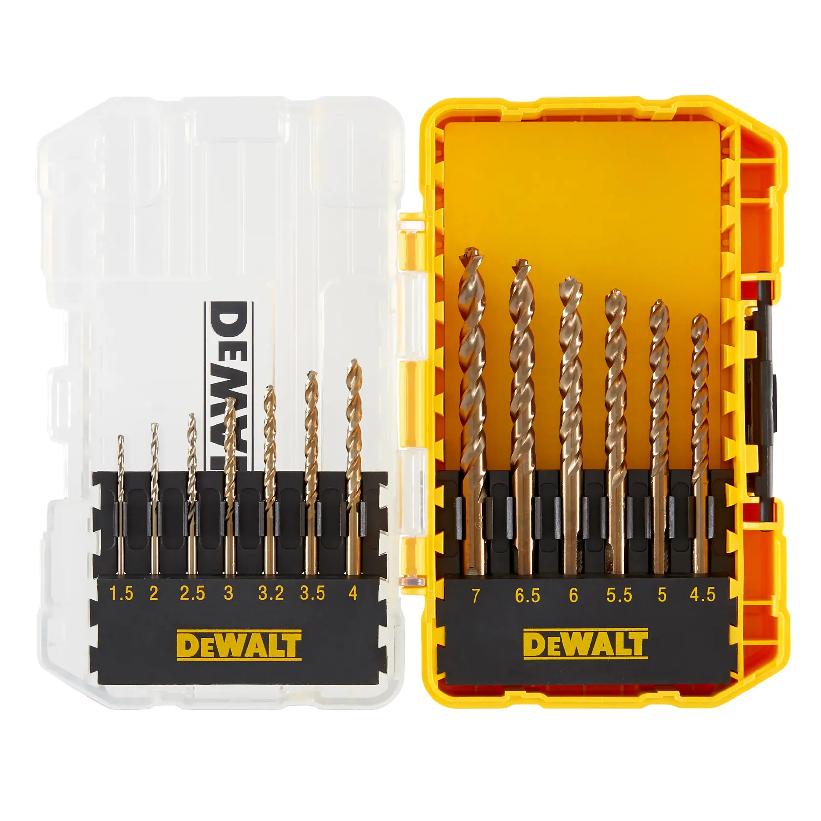 Estuche amarillo DEWALT DT70710 con diez brocas de diferentes tamaños y marcas de medidas visibles.