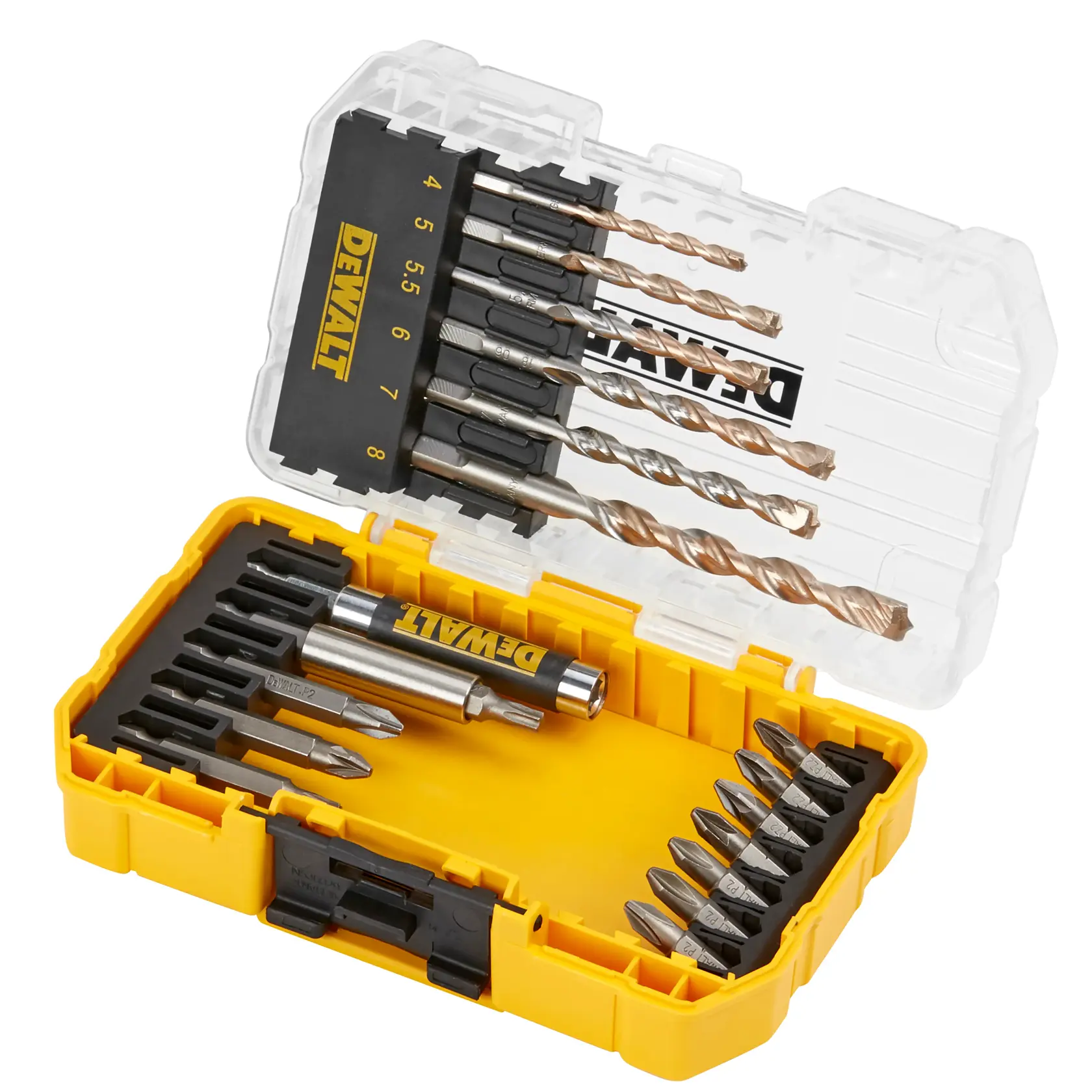 Grafik mit DEWALT XTREME Sub-Compact Series Branding und dem Slogan 'Kompakt und leistungsstark' auf gelbem Hintergrund.