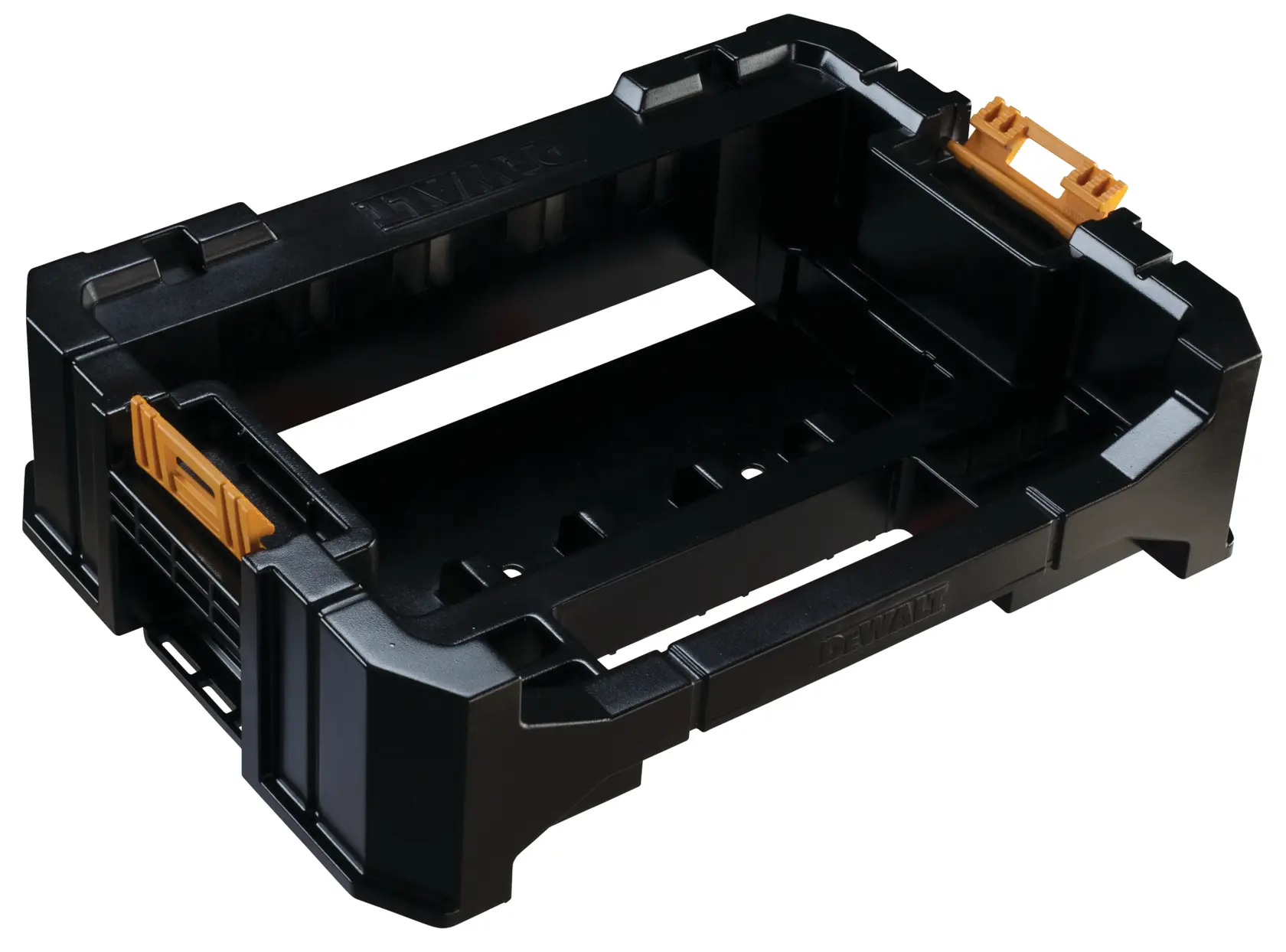 Schwarzes DEWALT DT70716 Ablagefach mit orangefarbenen Clips zur Werkzeugorganisation.