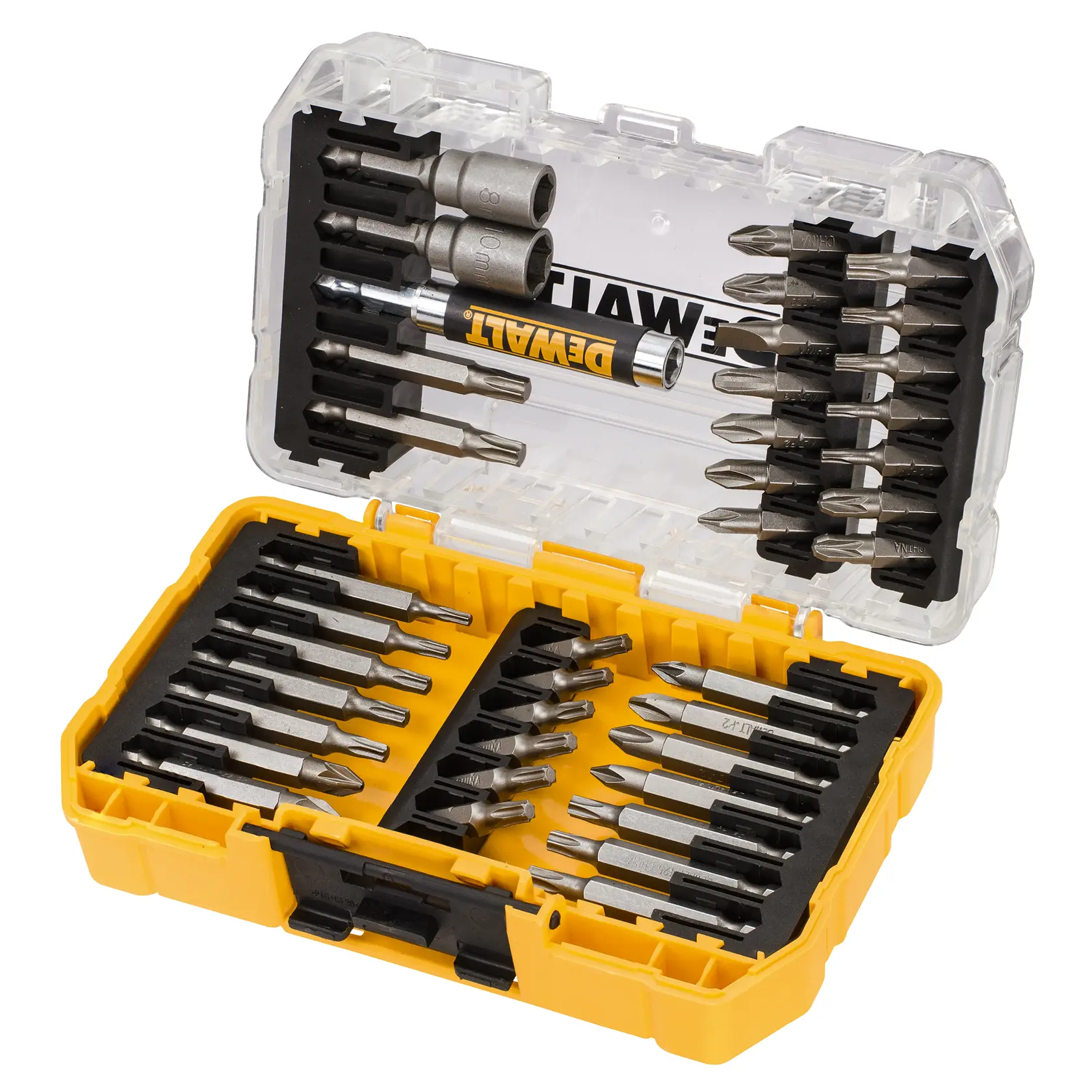 DEWALT gelbe Box mit diversen Schrauberbits und Stecknüssen, offen und ordentlich sortiert.
