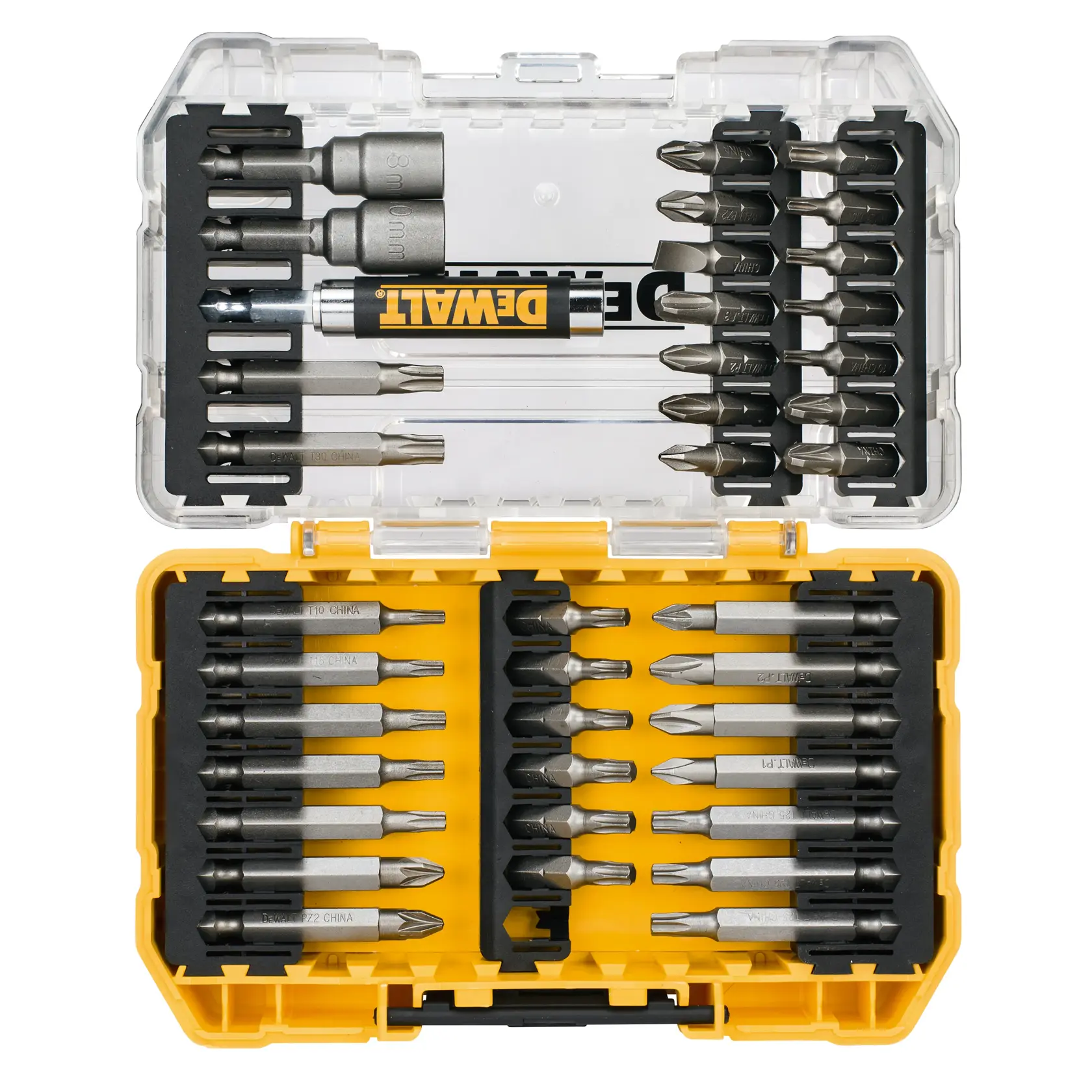 DEWALT Bit-Set in gelbem und klarem Koffer, mit mehreren Schraubbits und Adaptern einsortiert.