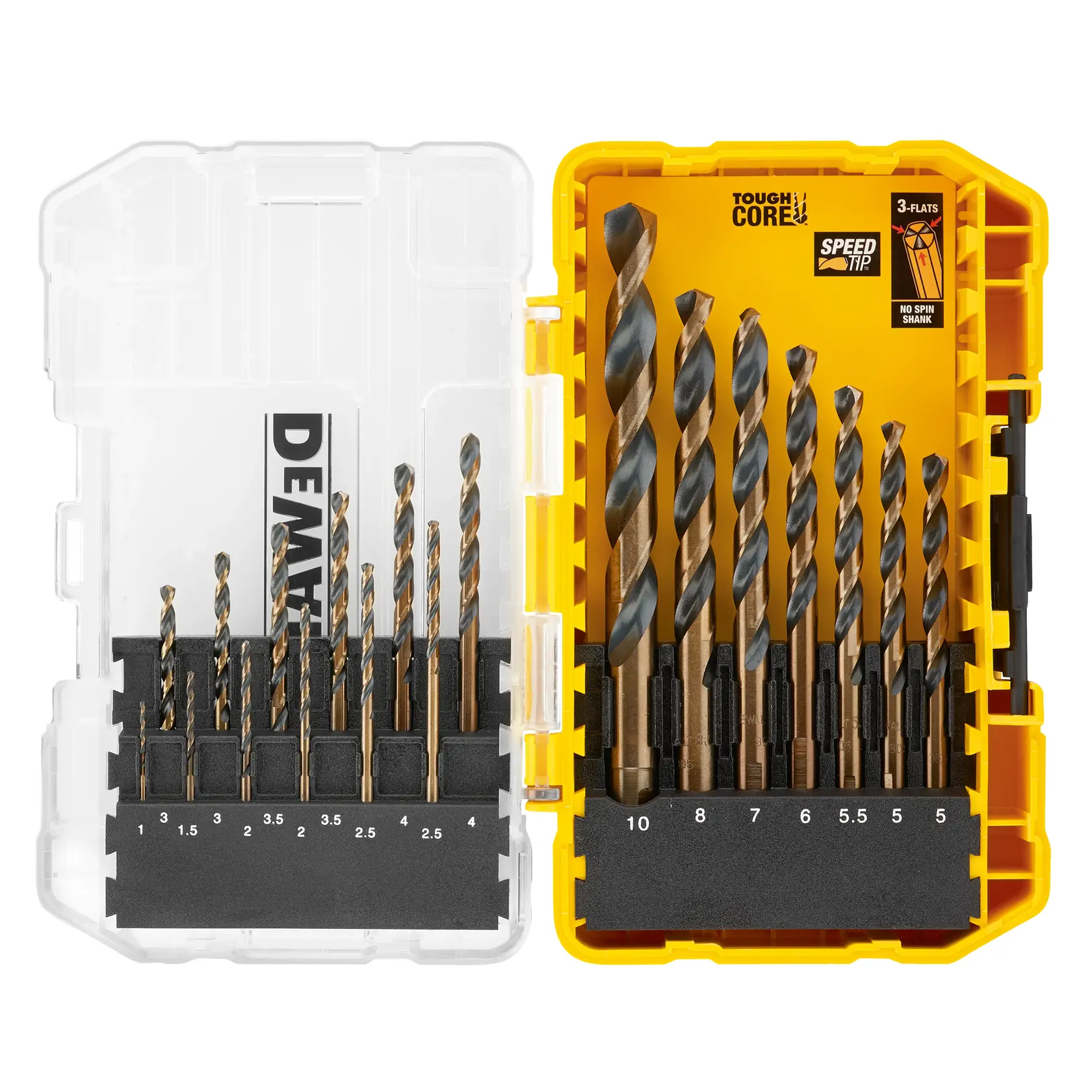 DEWALT-Bohrer-Set im gelben Kasten, mit vielen Größen in zwei Reihen sortiert.