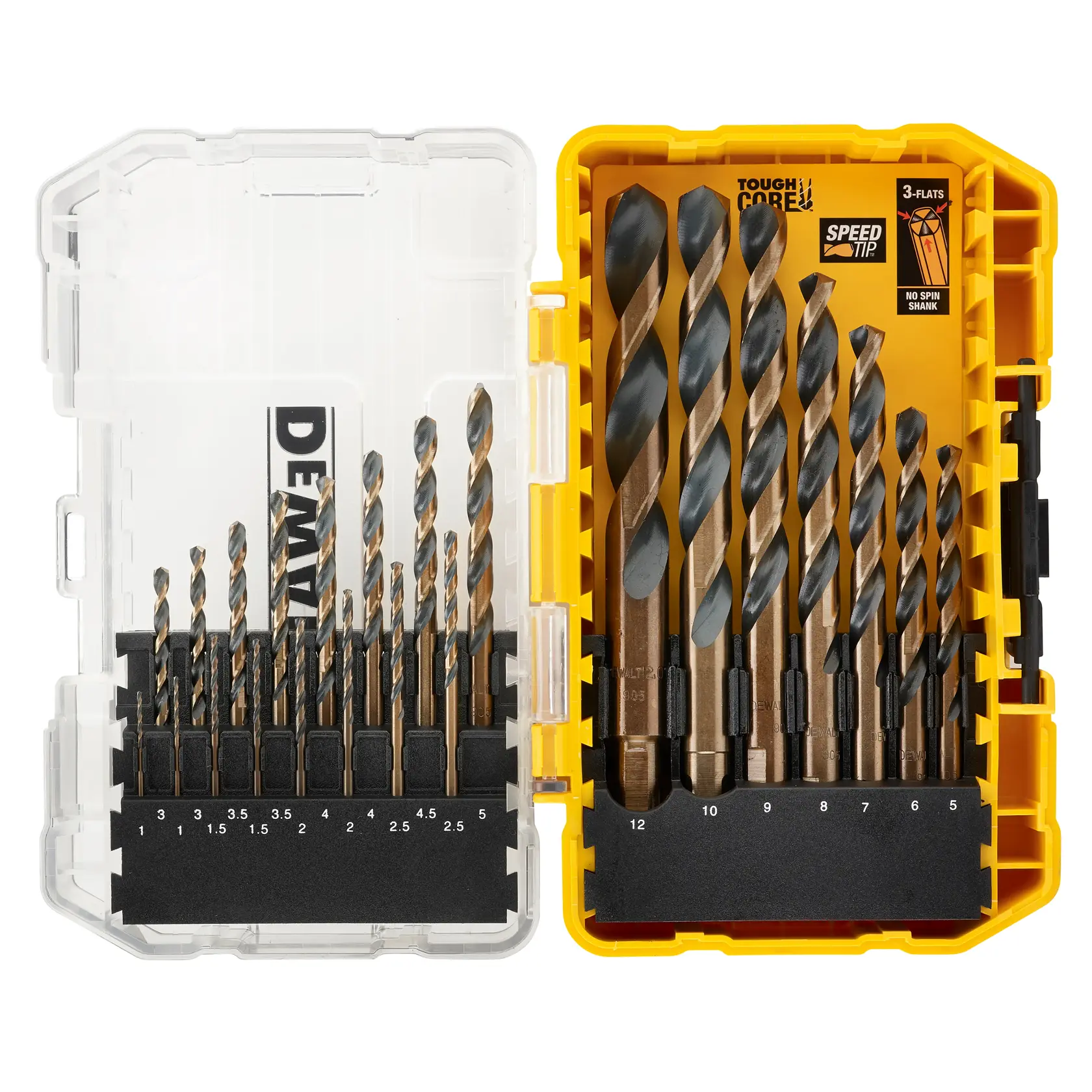 DEWALT Bohrerset im gelben Kasten, verschiedene Größen in Fächern, klarer Deckel.