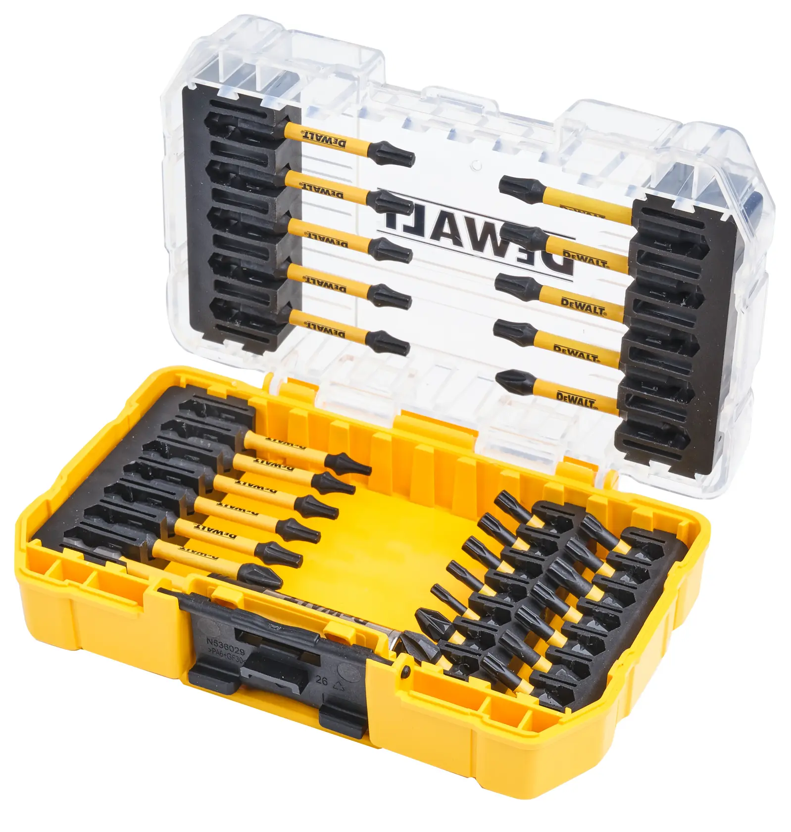 Grafik mit DEWALT XTREME Sub-Compact Series Branding und dem Slogan 'Kompakt und leistungsstark' auf gelbem Hintergrund.