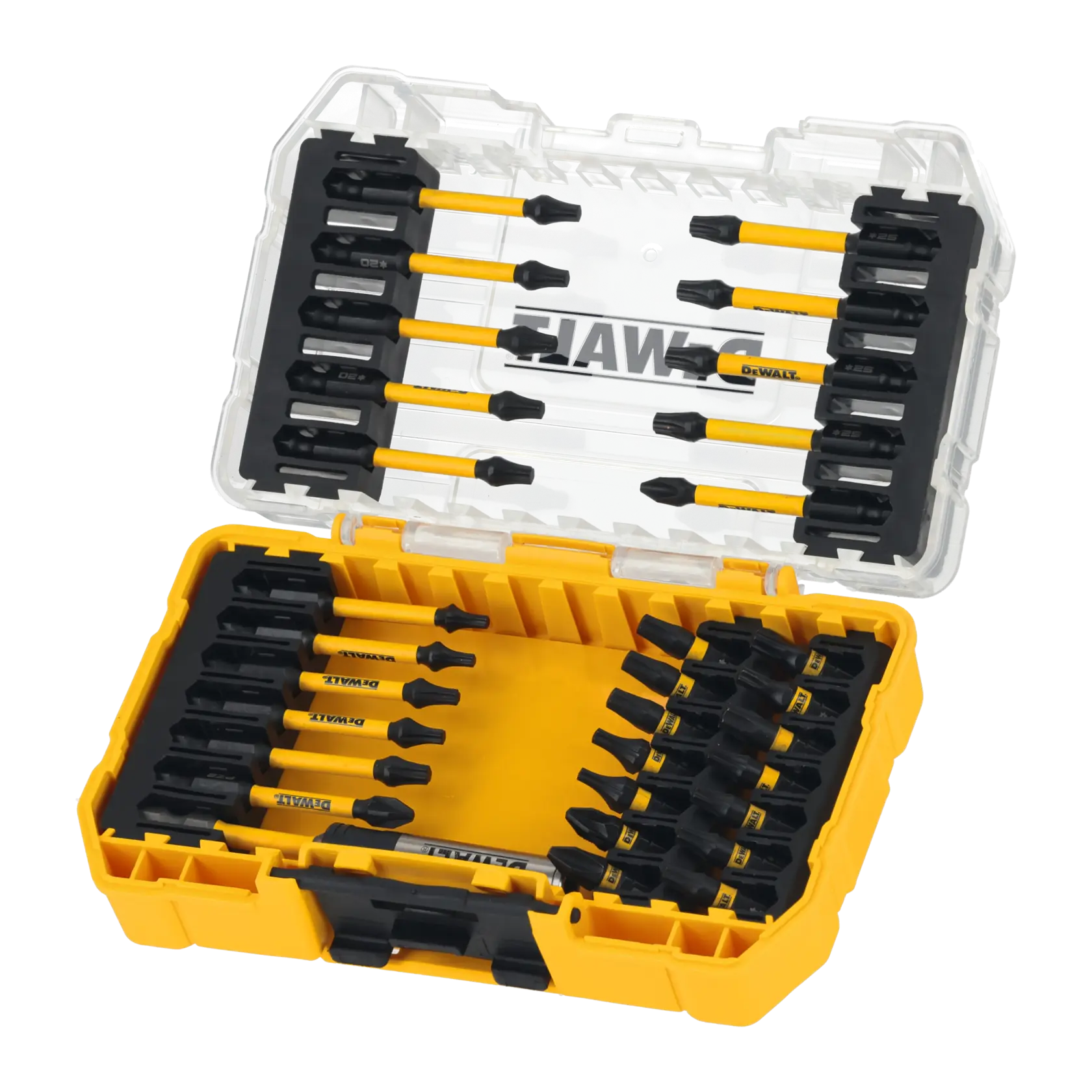 DEWALT gelbe Box mit verschiedenen Schrauber-Bits in Reihen, Deckel offen.