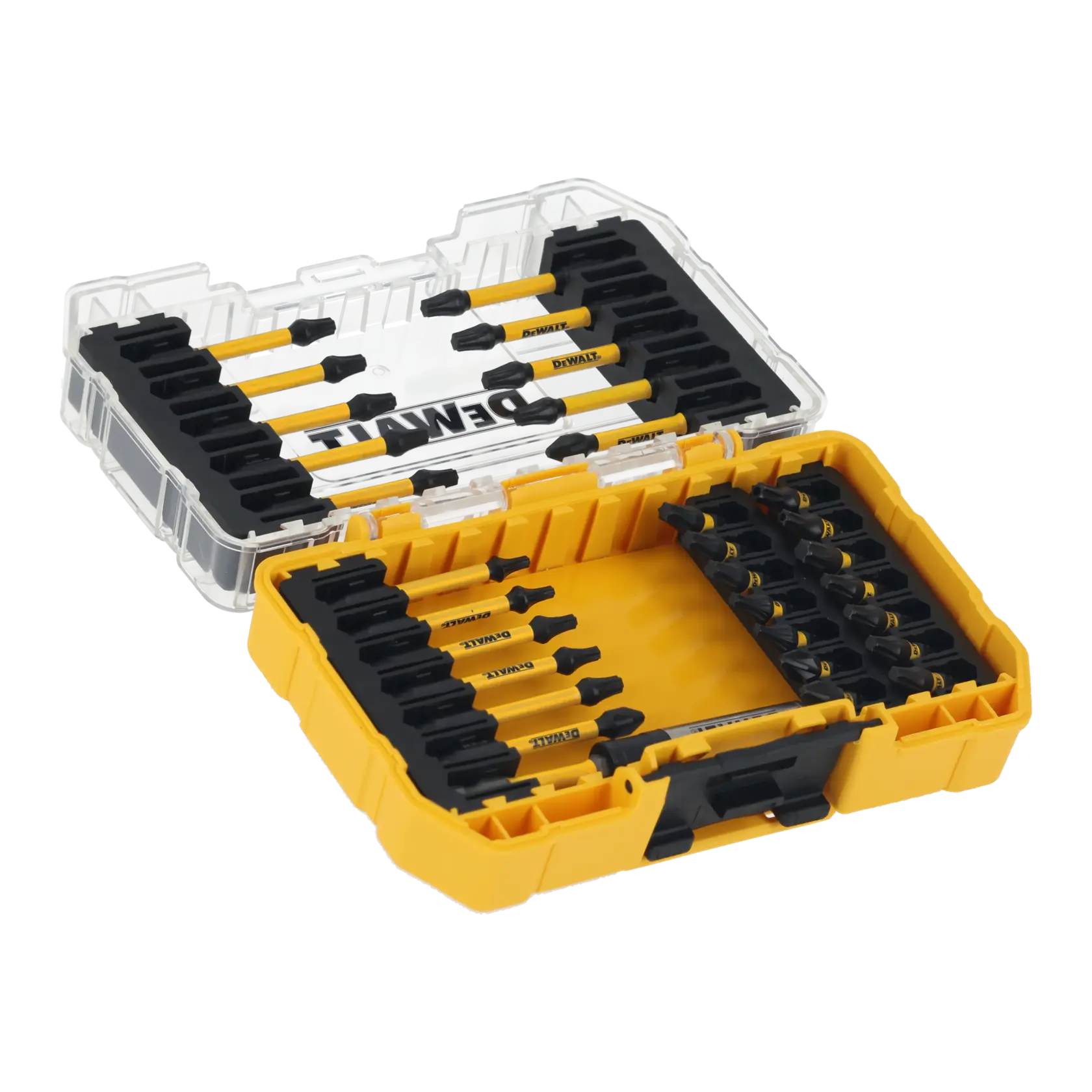 Gelbe DEWALT Bitset-Box geöffnet, mit mehreren ordentlich sortierten Schrauberbits.