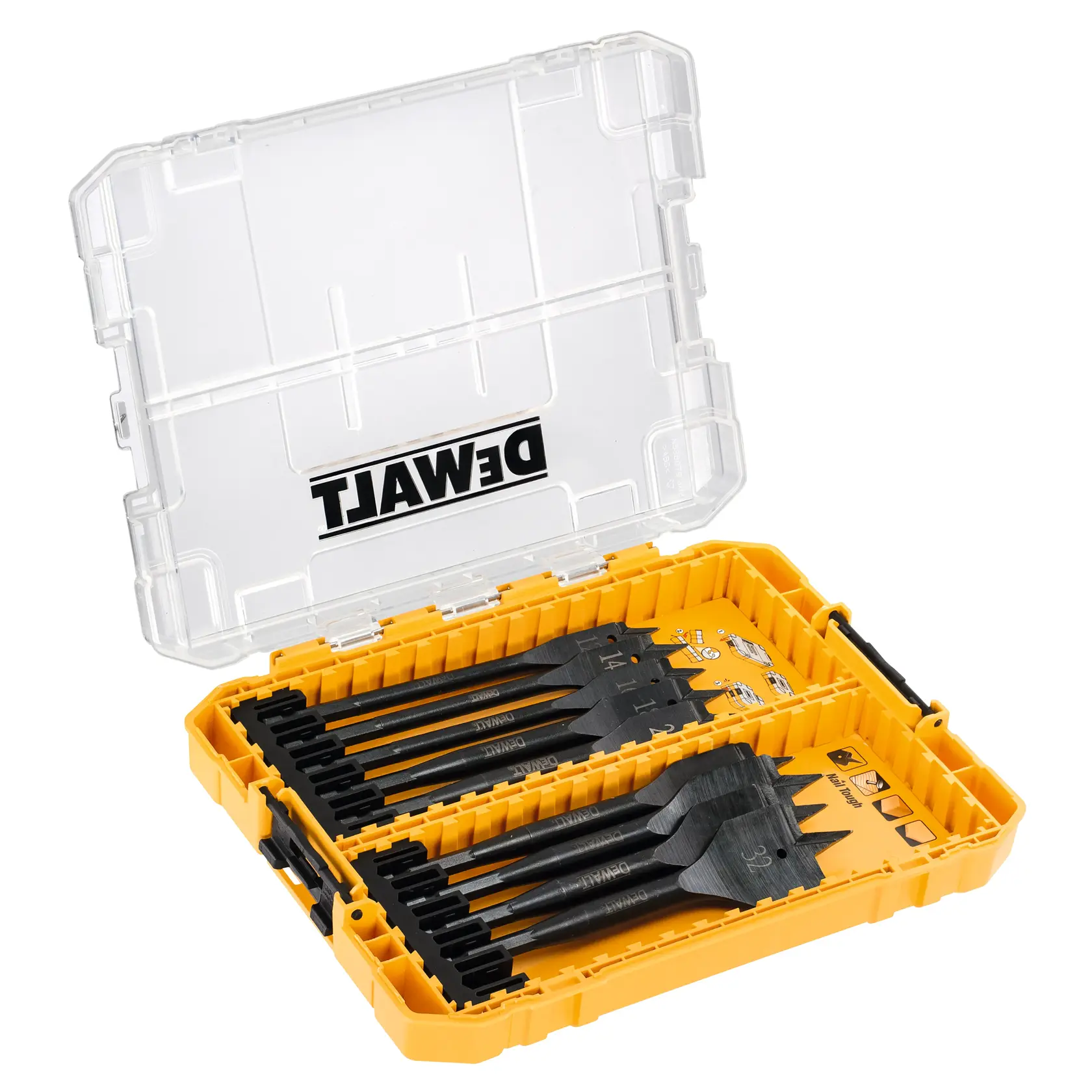DEWALT gelbe Box mit mehreren schwarzen Bohrern ordentlich eingelegt, transparenter Deckel halb geöffnet.