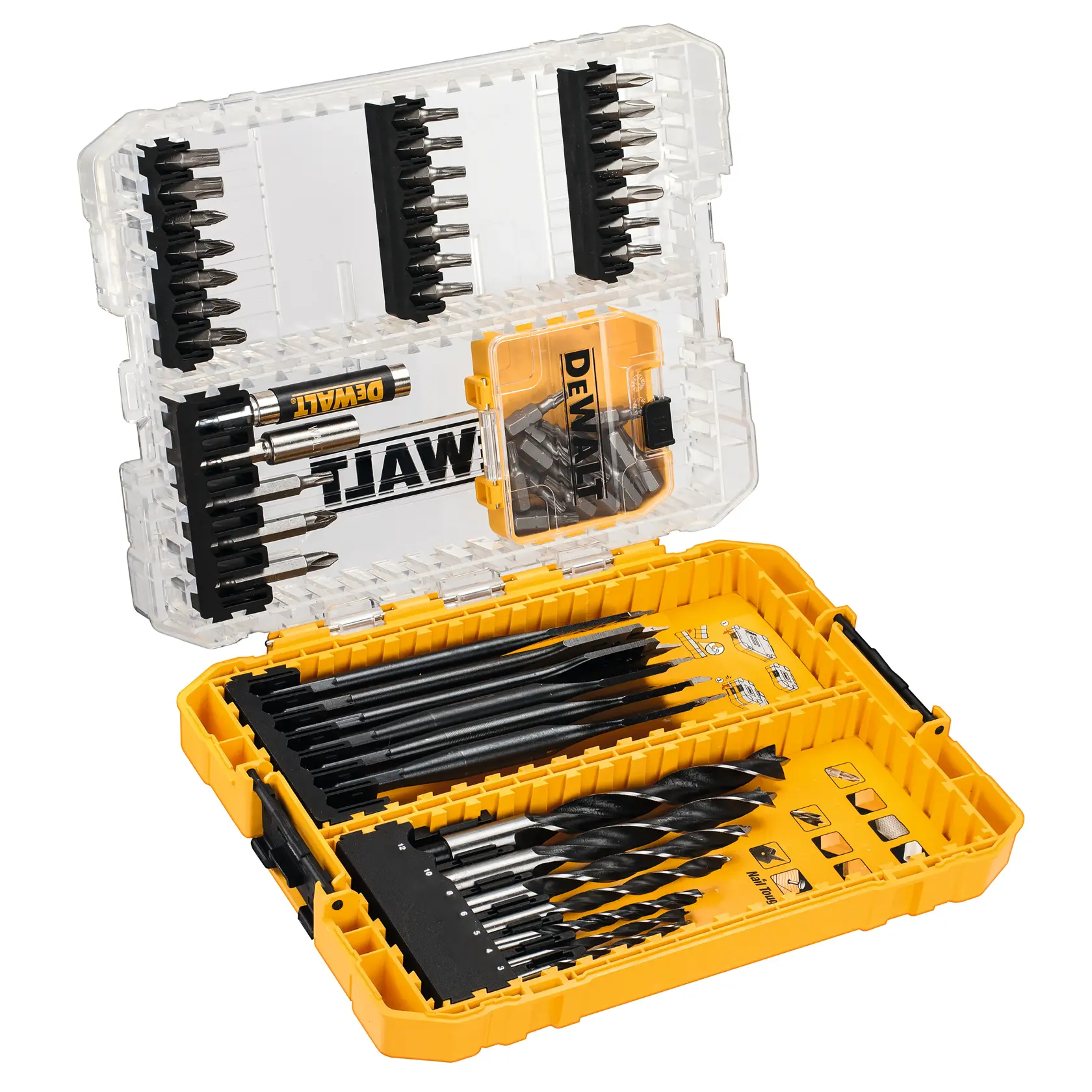 Gráfico que muestra la marca DEWALT XTREME Sub-Compact Series con el eslogan 'Compacto y lleno de rendimiento' sobre un fondo amarillo.