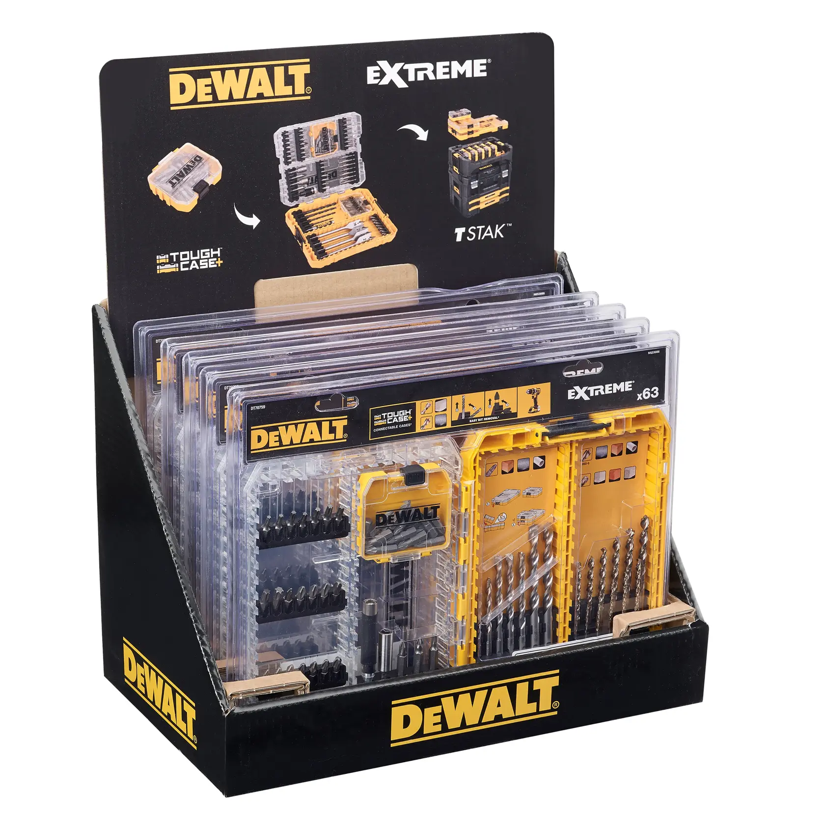 Grafik mit DEWALT XTREME Sub-Compact Series Branding und dem Slogan 'Kompakt und leistungsstark' auf gelbem Hintergrund.
