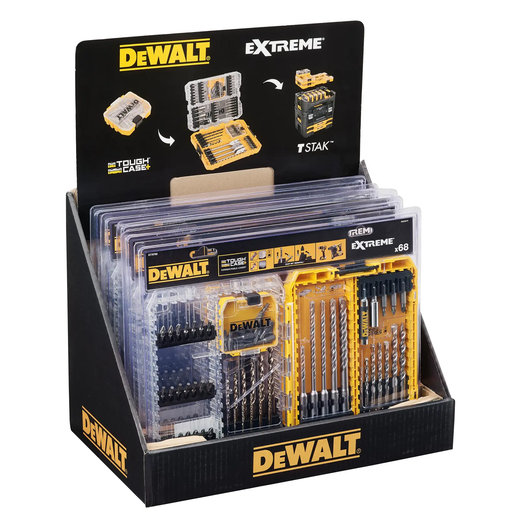 Grafik mit DEWALT XTREME Sub-Compact Series Branding und dem Slogan 'Kompakt und leistungsstark' auf gelbem Hintergrund.