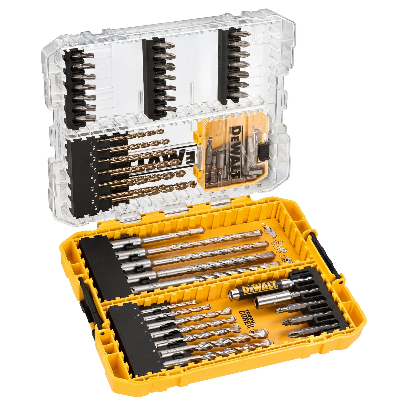 Grafik mit DEWALT XTREME Sub-Compact Series Branding und dem Slogan 'Kompakt und leistungsstark' auf gelbem Hintergrund.
