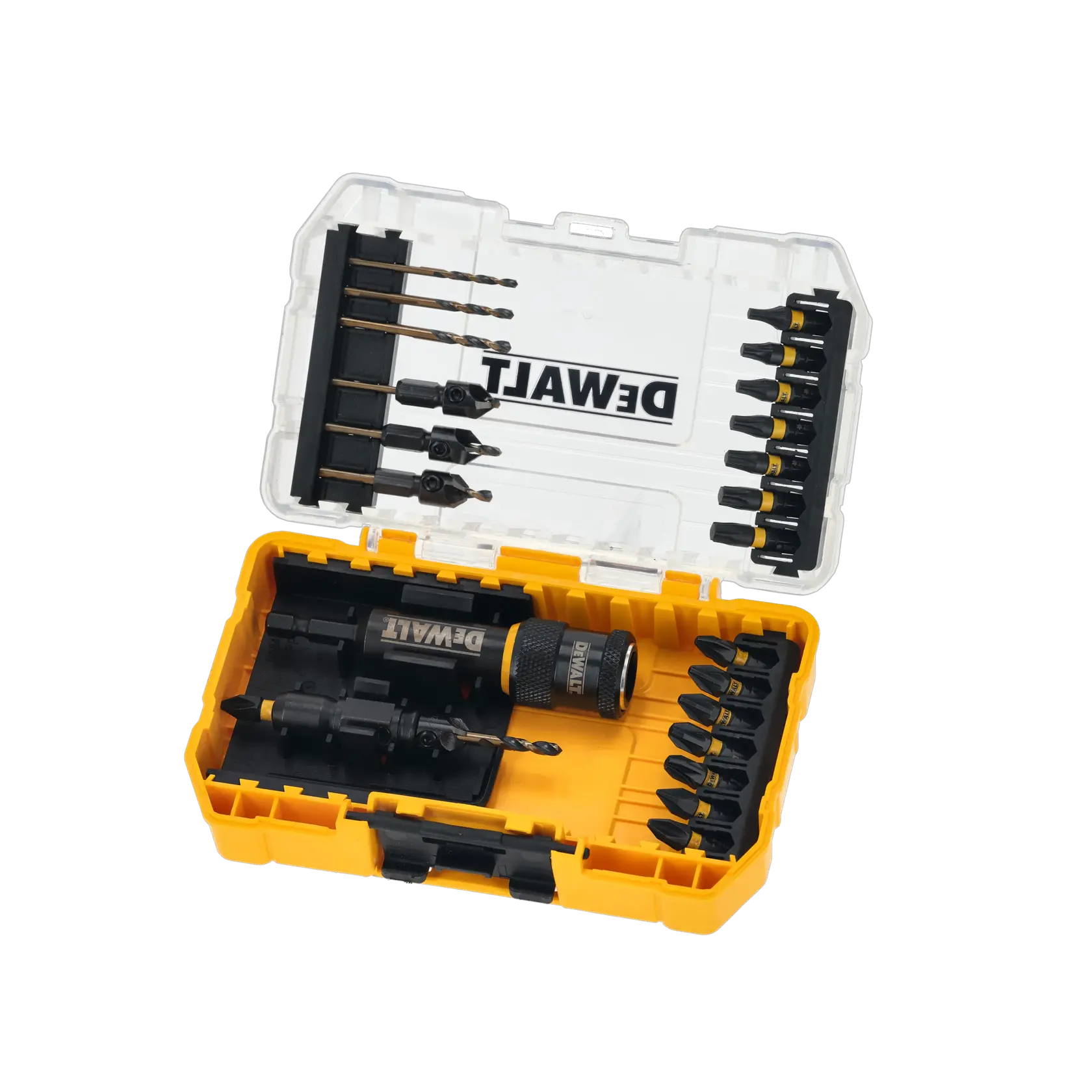 DEWALT Bohr- und Schraubenset im gelben Kasten. SKUs: DT70779T, DT70779T-QZ. Fotografie-Kategorie.