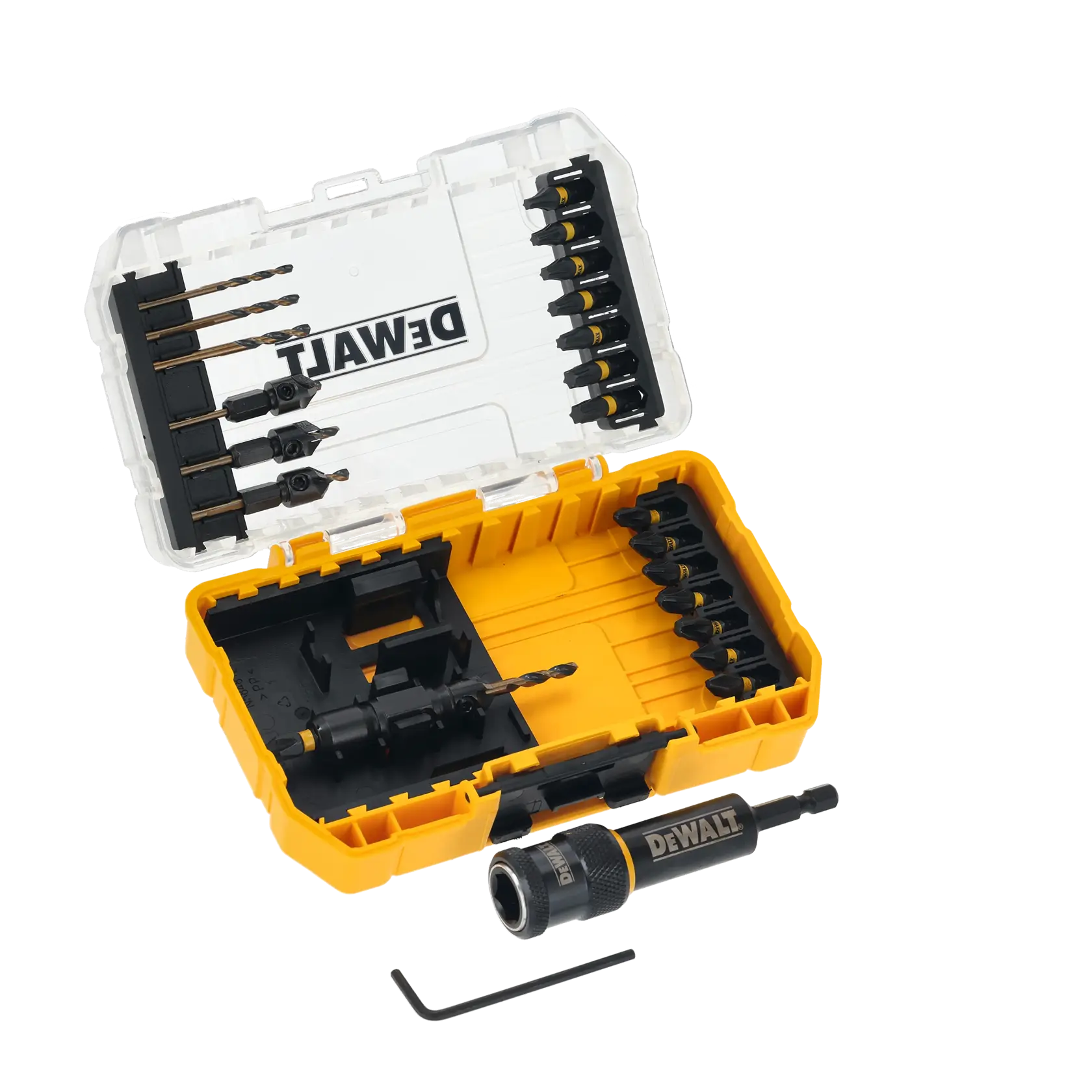 DEWALT Bohrbits-Set im gelben Kasten, SKUs DT70779T, DT70779T-QZ, Bit-Halter und Inbusschlüssel.