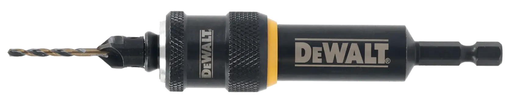 DEWALT DT70786 Bohrfutter mit eingesetztem Bohrer, horizontal auf weißem Hintergrund gezeigt.