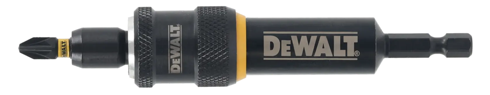 DEWALT DT70786 magnetischer Bit-Halter für Bohrer, mit Bit, schwarz mit gelbem Akzent.