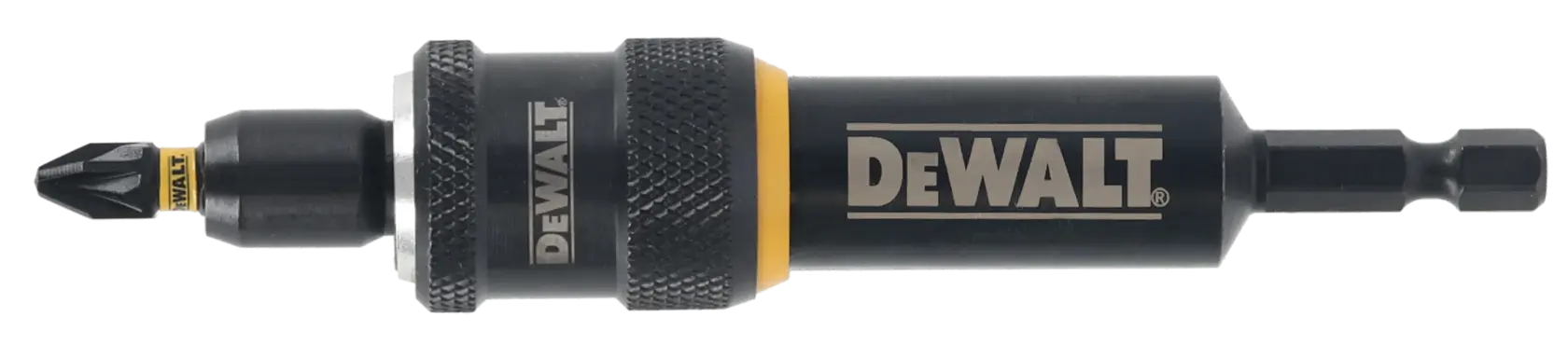 DEWALT DT70787 Bit-Halter in Schwarz-Gelb mit Sechskantschaft vor weißem Hintergrund.