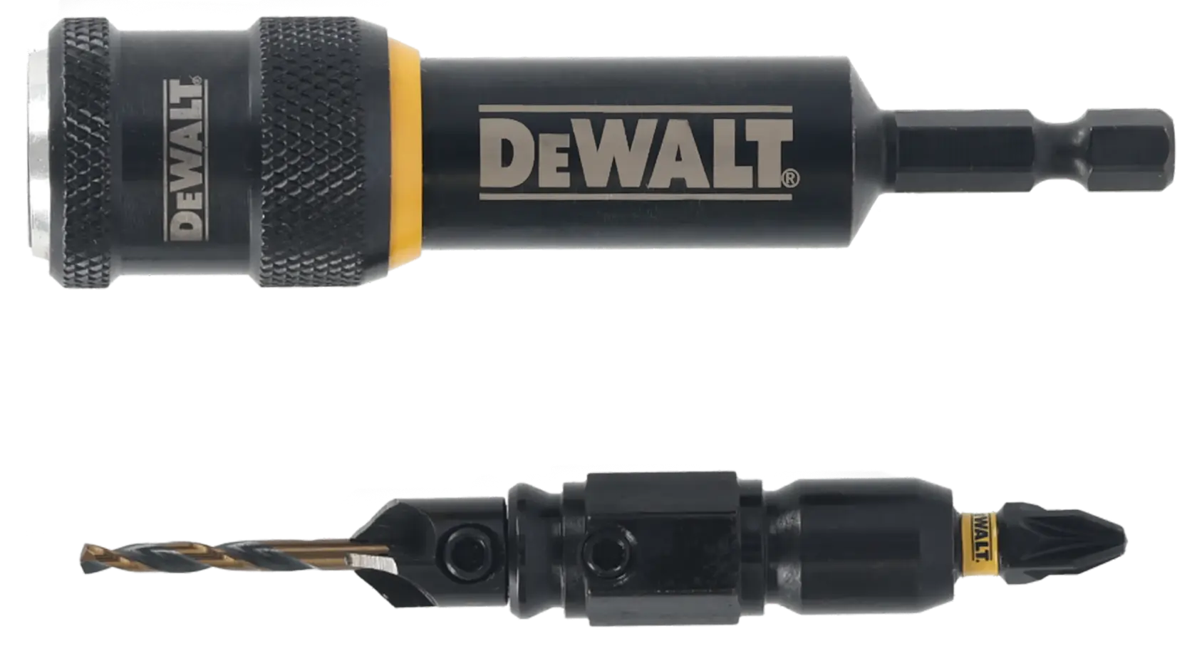 DEWALT DT70787 Bohr- und Schrauberbit-Set mit magnetischem Halter, Nahaufnahme auf weißem Hintergrund.