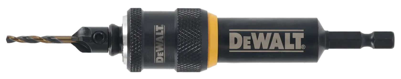 DEWALT Bohrfutter mit eingesetztem Bohrer, schwarz und gelb, für Elektrowerkzeuge.