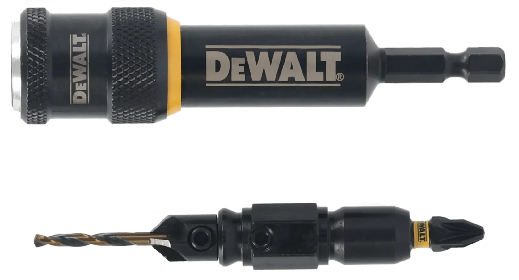 Zwei DEWALT Bohrzubehörteile in Schwarz und Silber für Werkzeuge, zu sehen auf weißem Hintergrund.