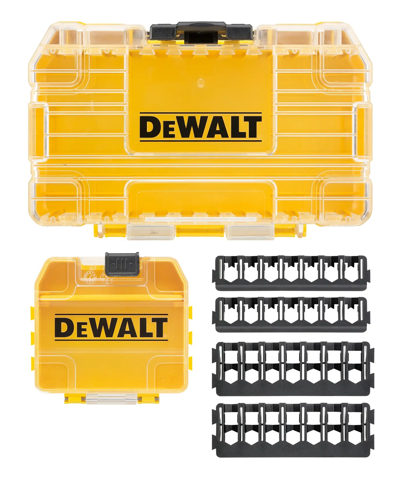 Gelbe DEWALT Aufbewahrungsboxen mit klaren Deckeln und schwarzen Einsätzen, abgebildet als Produktfoto.