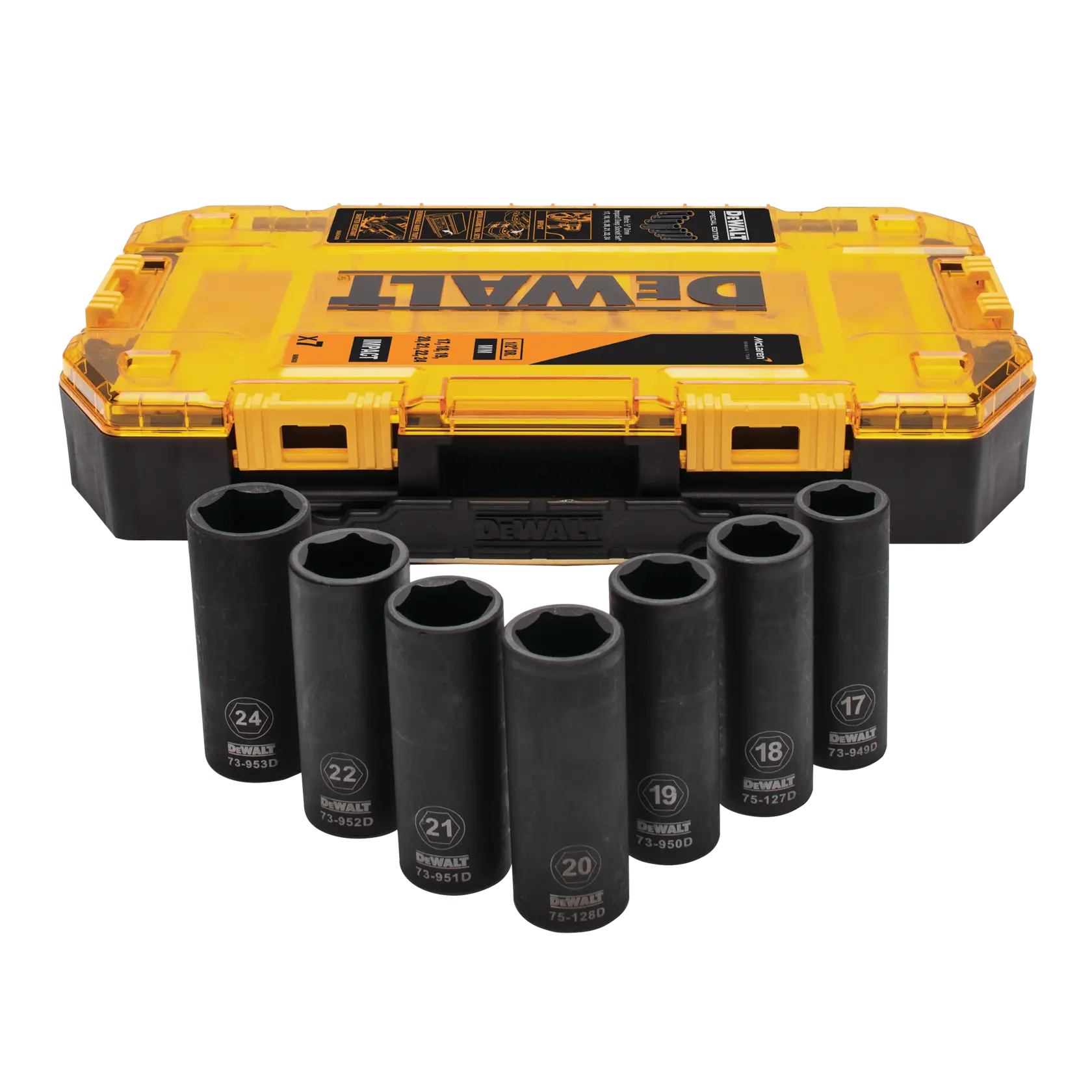 DEWALT DT70905-QZ, DT70905 Steckschlüsselsatz mit gelbem Kasten. Mehrere Stecknüsse vorne. Kategorie Fotografie.
