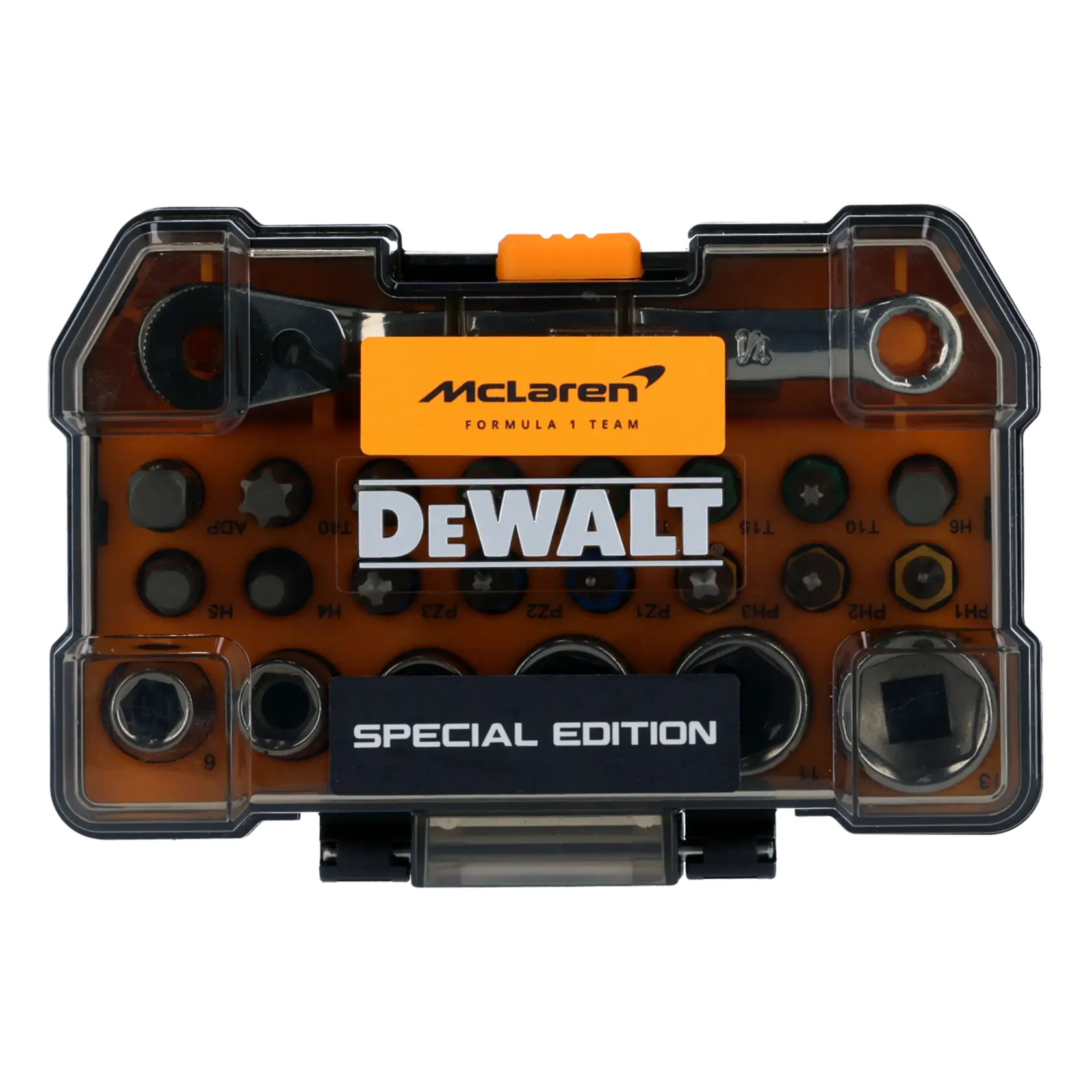Ein DEWALT Special Edition McLaren Formula 1 Team Werkzeugset, präsentiert in einem transparenten Kunststoffgehäuse mit