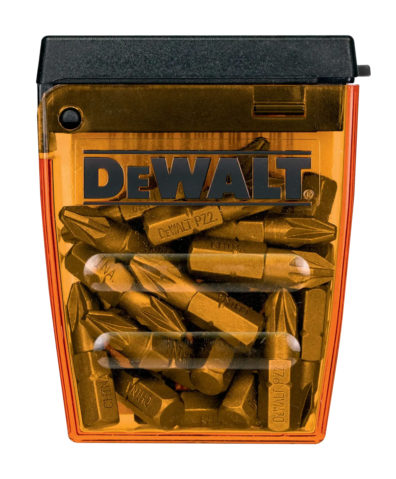 DEWALT Schrauberbit-Set in durchsichtiger orange-schwarzer Kunststoffbox.