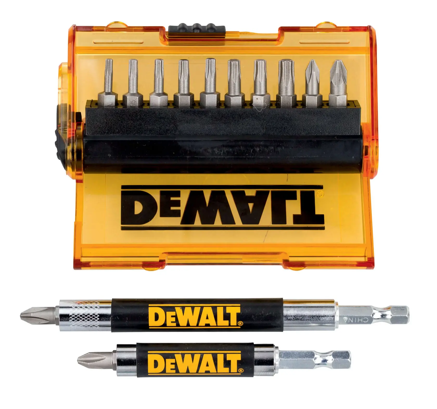 DEWALT DT71570 Set mit gelber Box, Schrauberbits und zwei Bit-Haltern, mit DEWALT-Logo.
