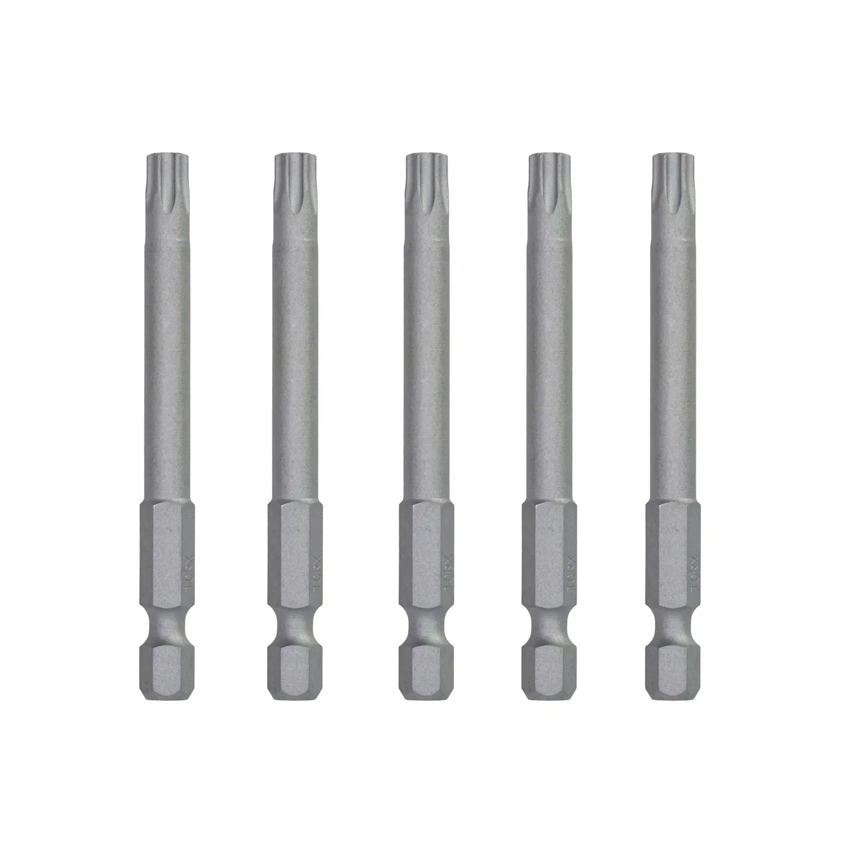 Fünf DEWALT DT7293 Schrauberbits mit Sechskant, nebeneinander senkrecht angeordnet.