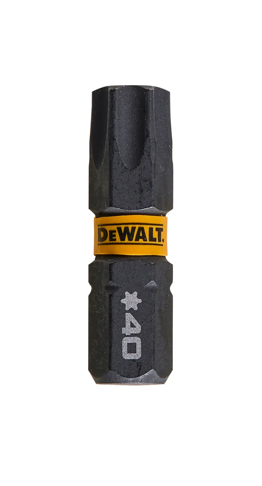 DEWALT DT7373 Torx-Schrauberbit mit gelber Kennzeichnung und T40-Markierung vor weißem Hintergrund.