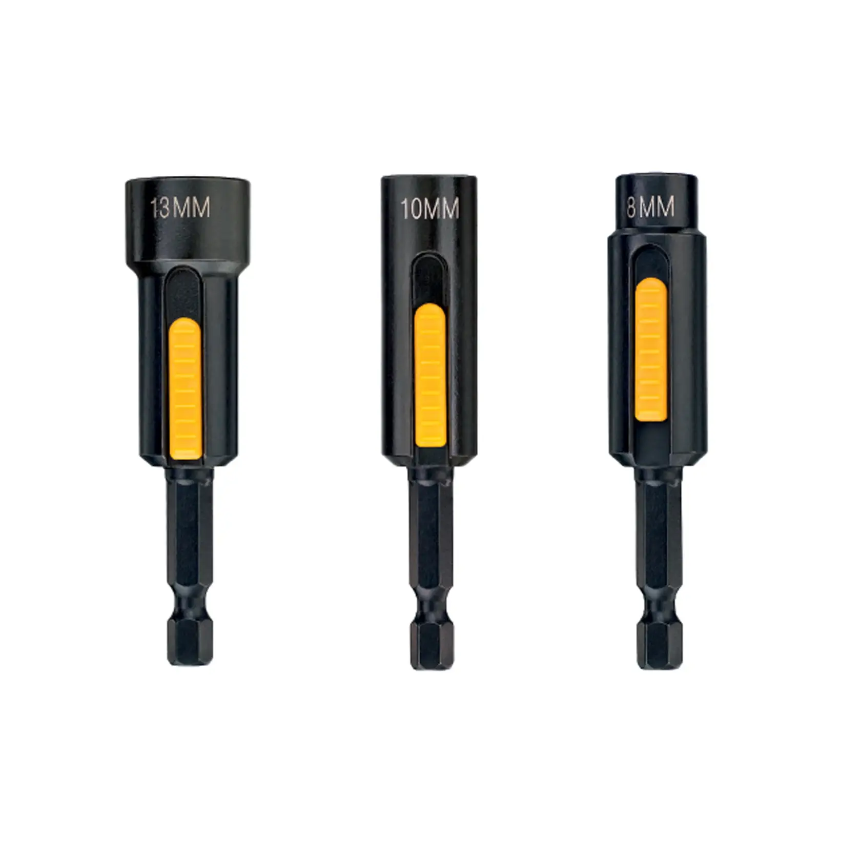 Drei DEWALT Sechskant-Steckschlüssel-Bits, 13mm, 10mm und 8mm, mit gelbem Griff, aufrecht dargestellt.