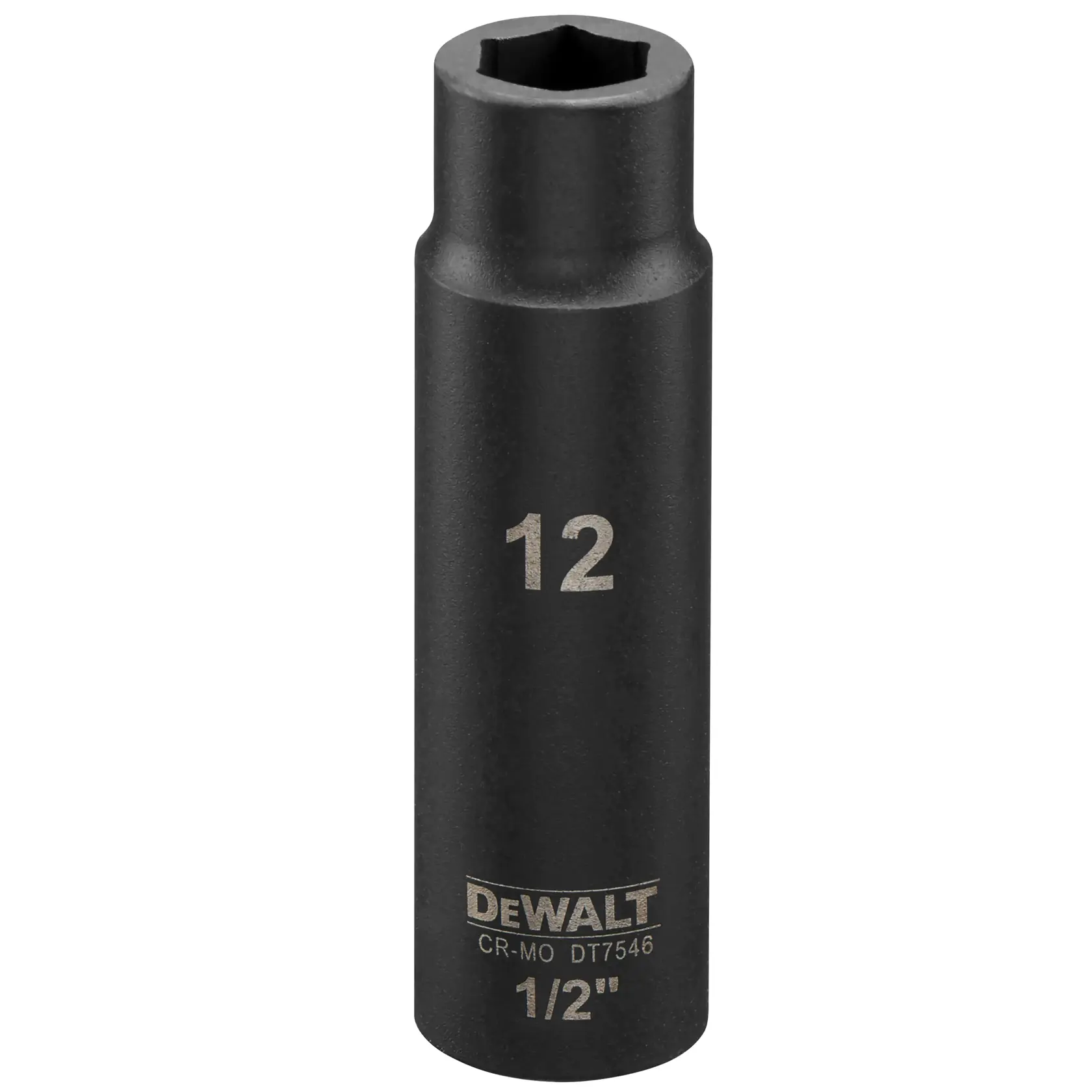 DEWALT DT7546 tiefen Schlag-Steckschlüssel 12 mm, 1/2 Zoll, schwarz, mit eingravierten Markierungen.