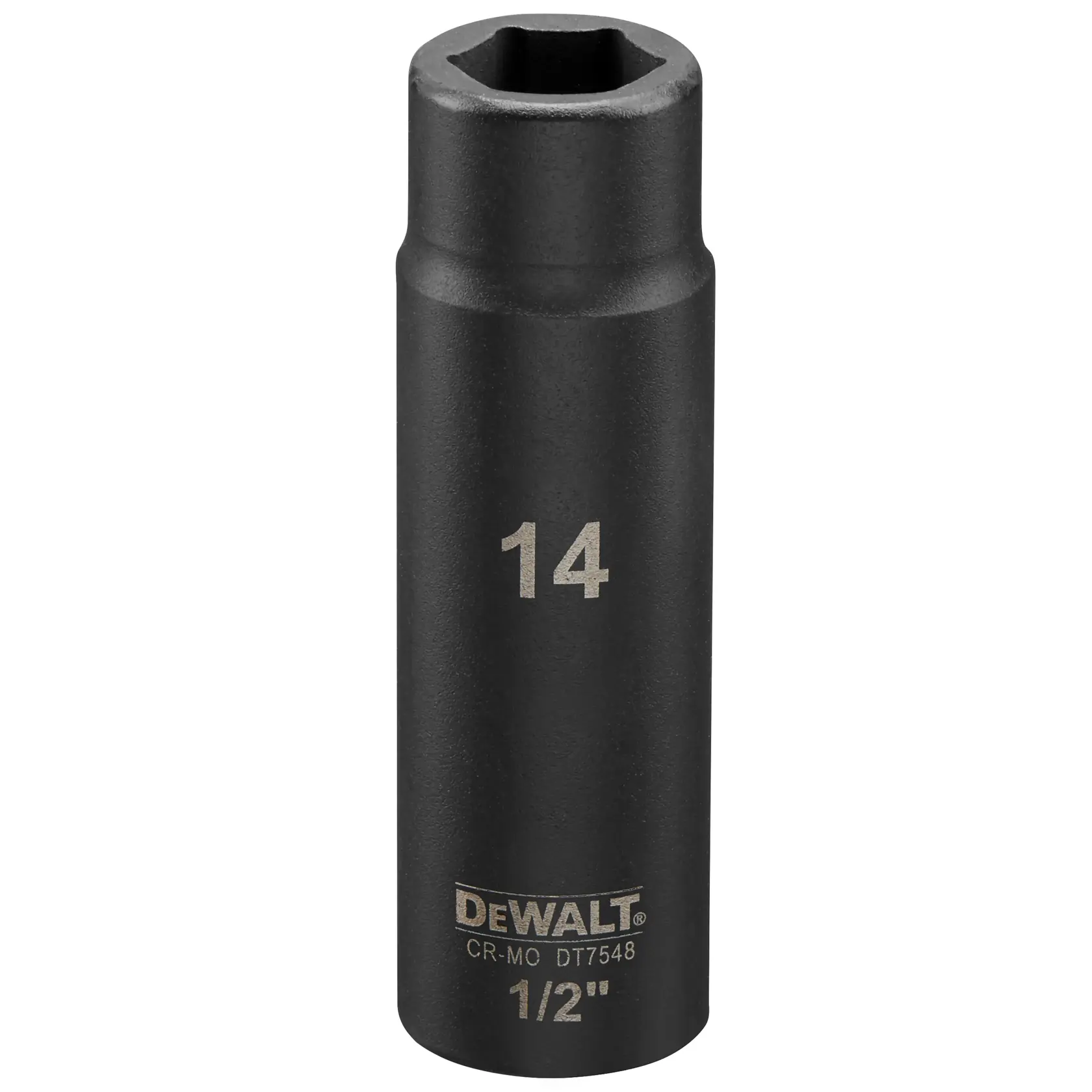 DEWALT DT7548 Tiefen-Impactsocket 14mm, 1/2 Zoll, schwarze Metalloptik.