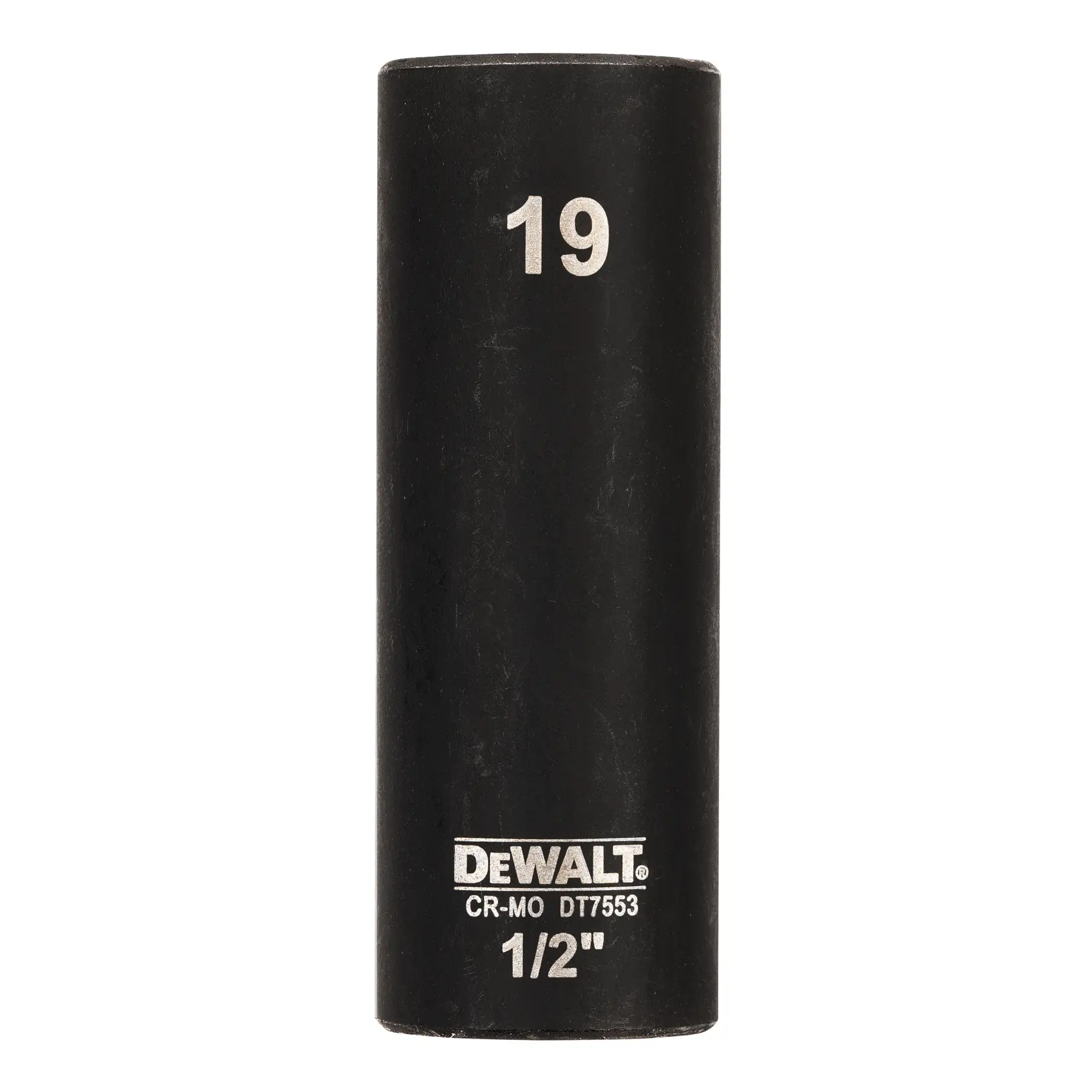 DEWALT DT7553 19mm 1/2 Zoll schwarze Schlagnuss stehend auf weißem Hintergrund.
