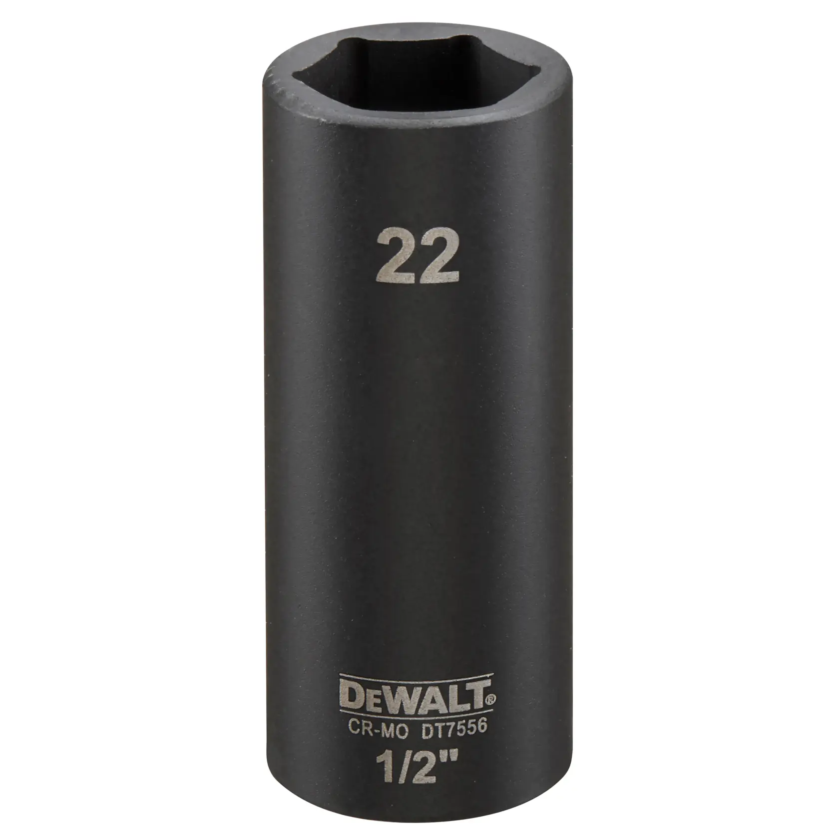 DEWALT DT7556 22mm Tief Impact-Nuss, 1/2-Zoll Antrieb, schwarze Stahloberfläche.