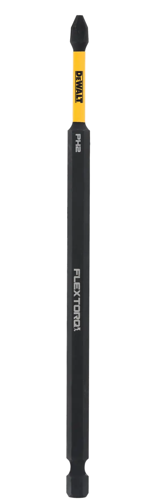 DEWALT FLEXTORQ PH2 Schrauberbit mit gelben und schwarzen Markierungen, vertikal auf weißem Hintergrund.