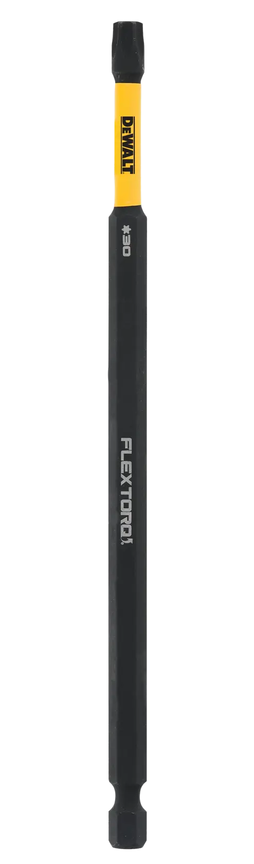 Langer schwarzer DEWALT Schrauberbit mit gelber Marke, FLEXTORQ #30 beschriftet.