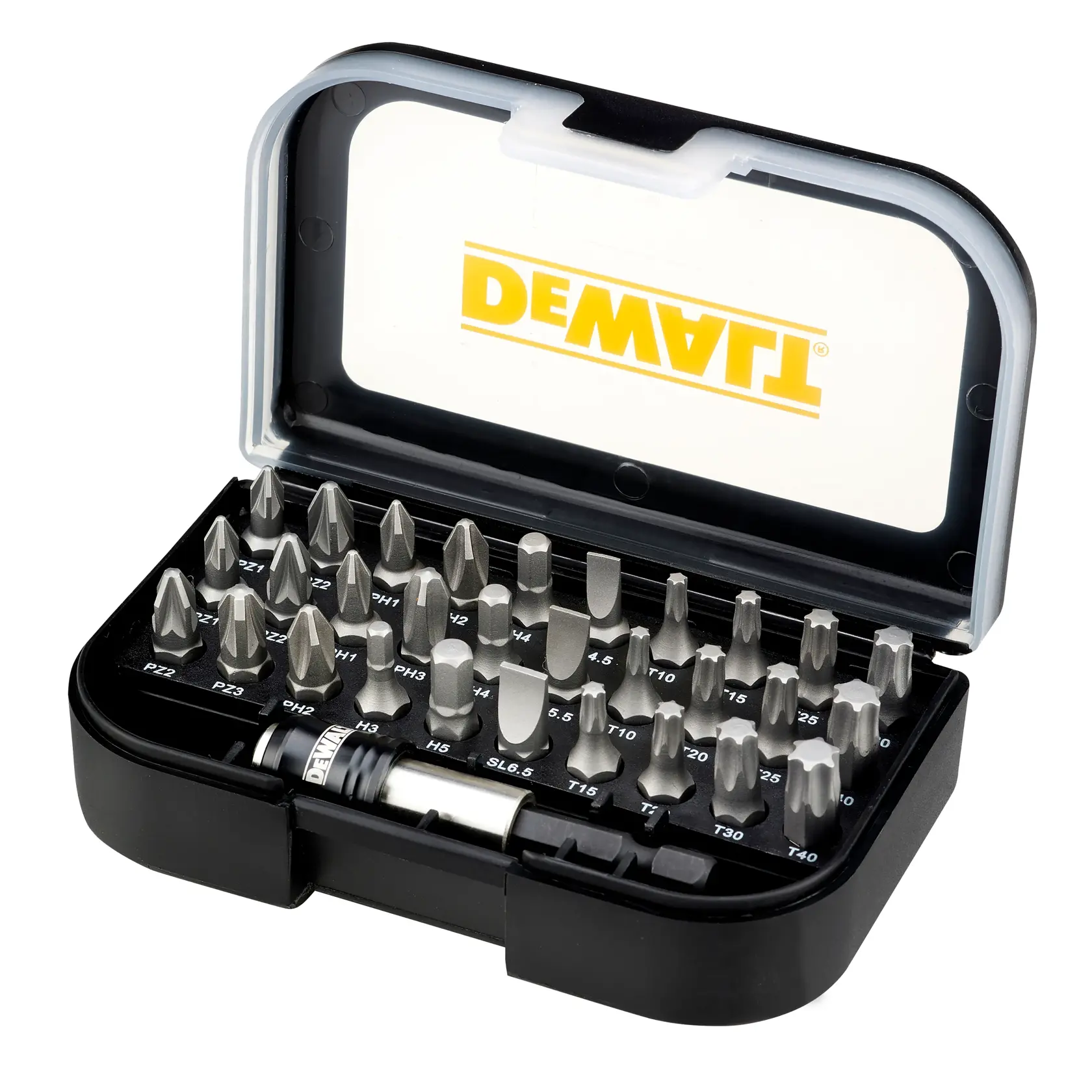 DEWALT Bit-Set in schwarzem Kasten mit verschiedenen Schrauberbits, Deckel geöffnet.