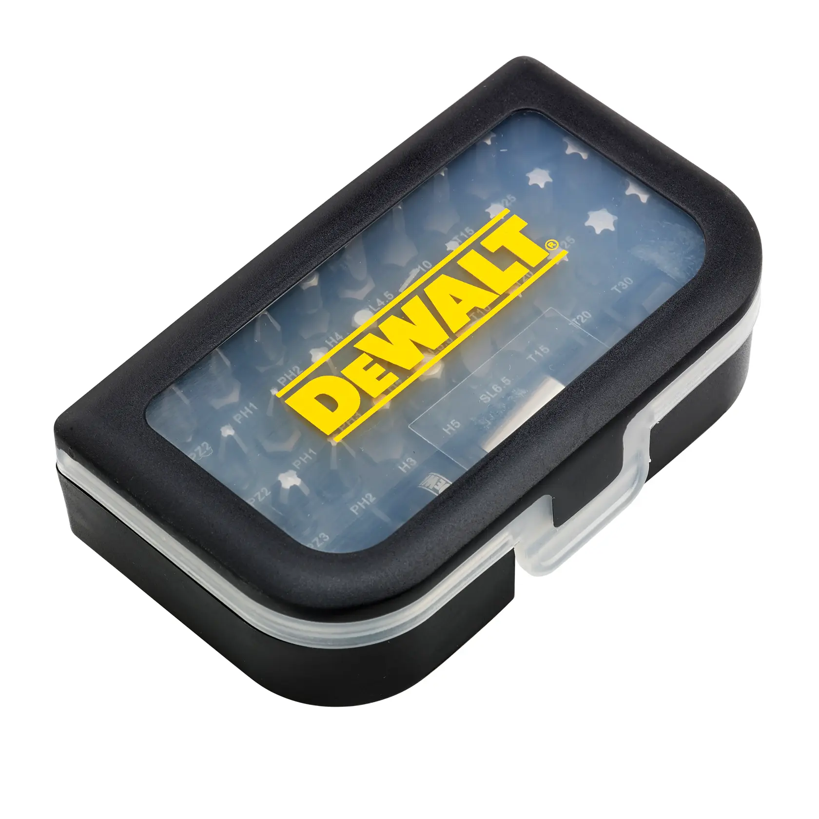 DEWALT Kunststoffbox mit transparentem Deckel, enthält verschiedene Schraubendreher-Bits.