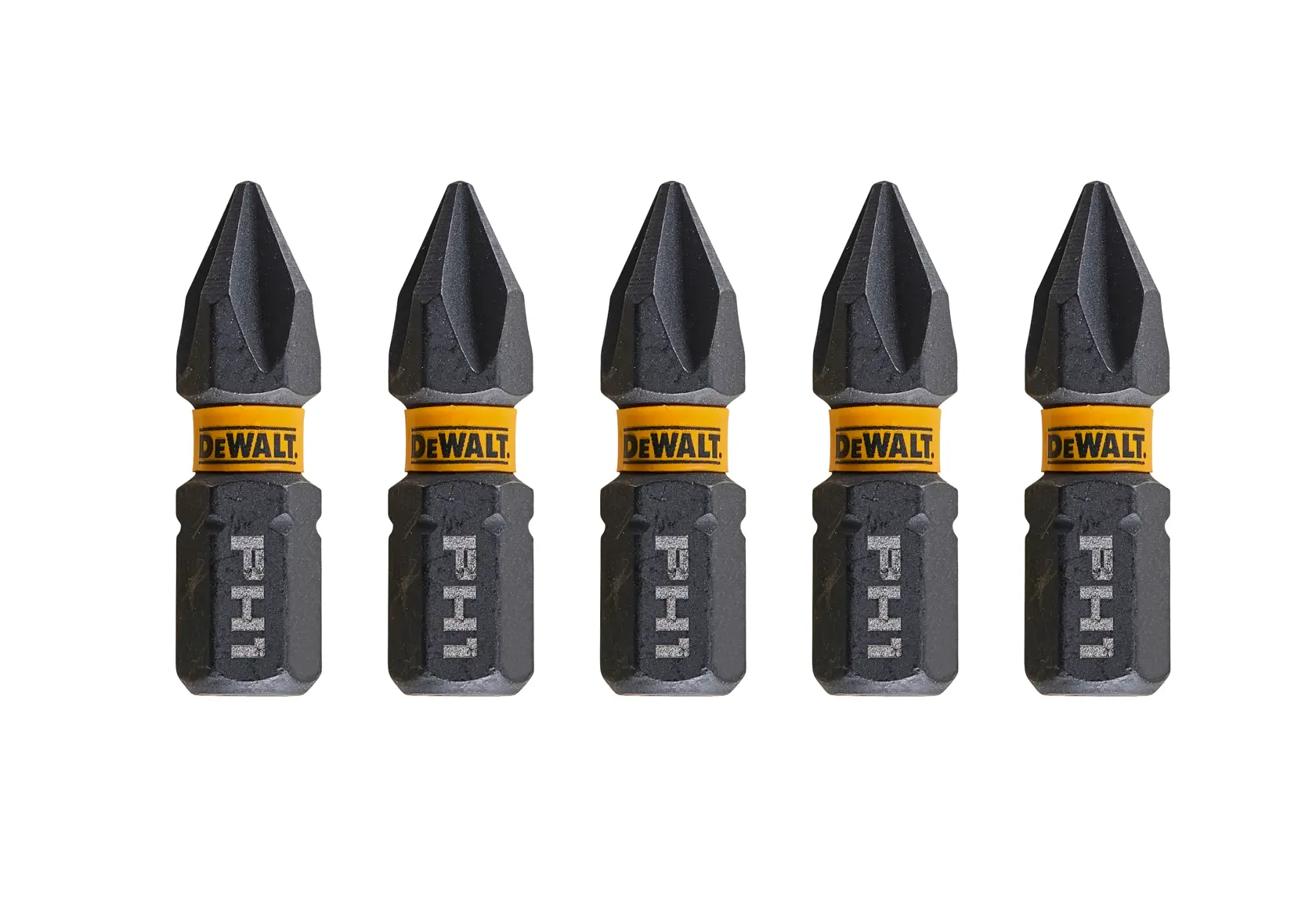 Fünf DEWALT PH1 Schrauberbits in Schwarz-Gelb, in einer Reihe auf weißem Hintergrund.