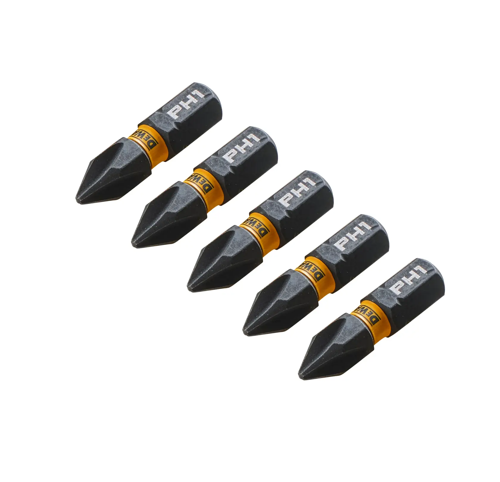 Fünf DEWALT PH1 Schrauberbits mit schwarz-gelbem Design, nebeneinander auf weißem Hintergrund.