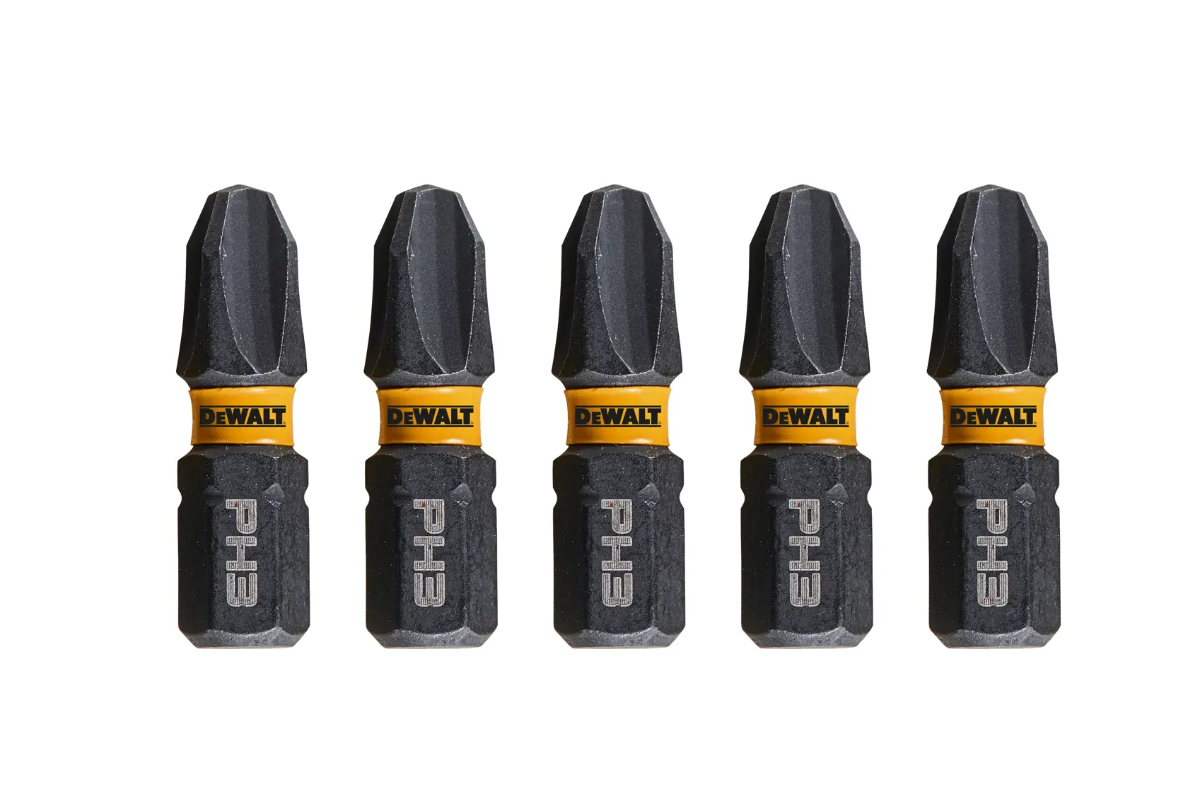 Fünf DEWALT PH3 Schrauberbits stehen auf weißem Hintergrund.